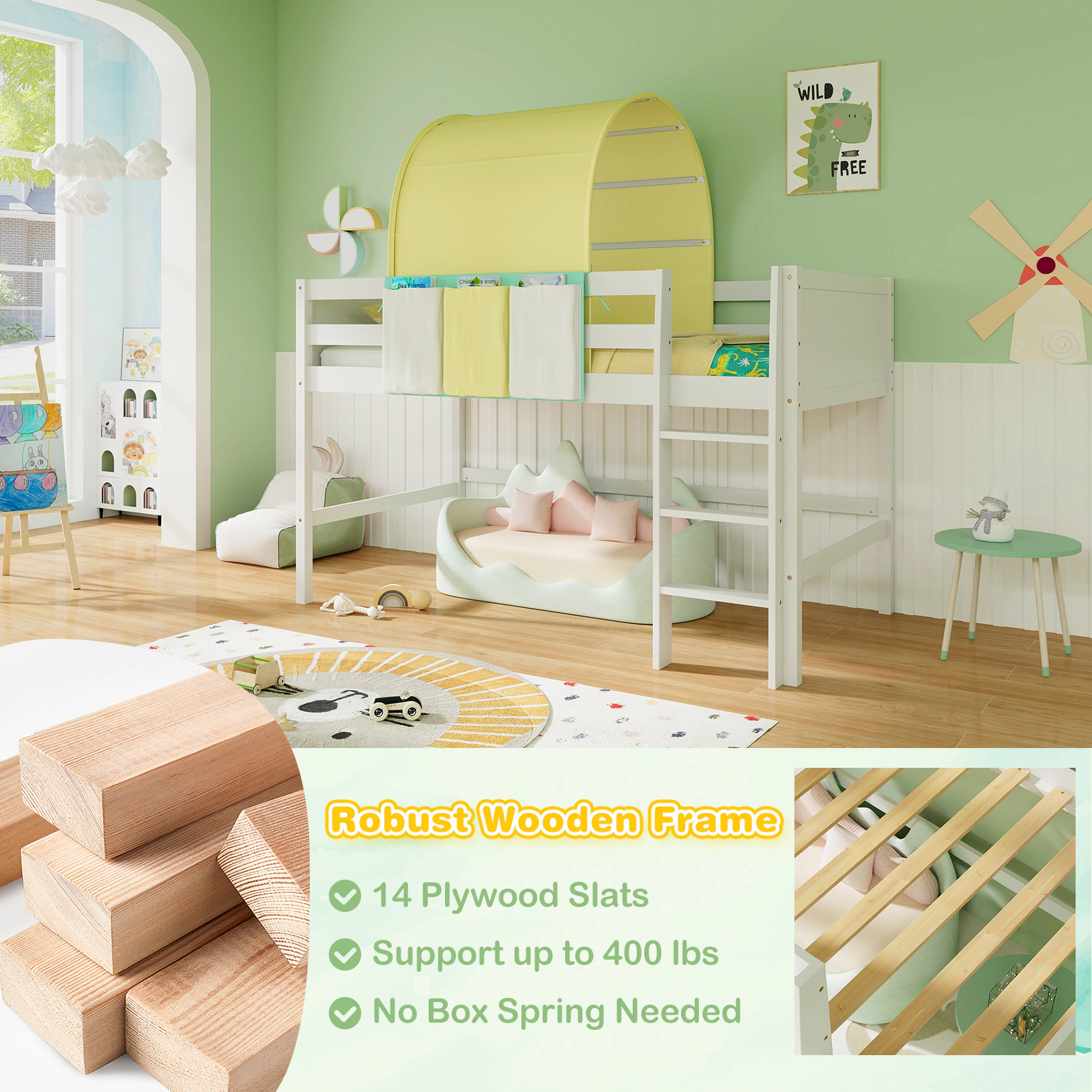 SUGIFT Twin Playhouse Loft Bed with Arched Tower Tent, Storage Pockets, 14-in Guardrails, Turquoise