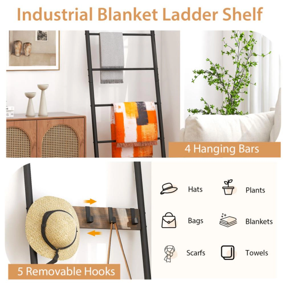 Hivvago Wall-Leaning Decorative Blanket Holder With 5 Removable Hooks