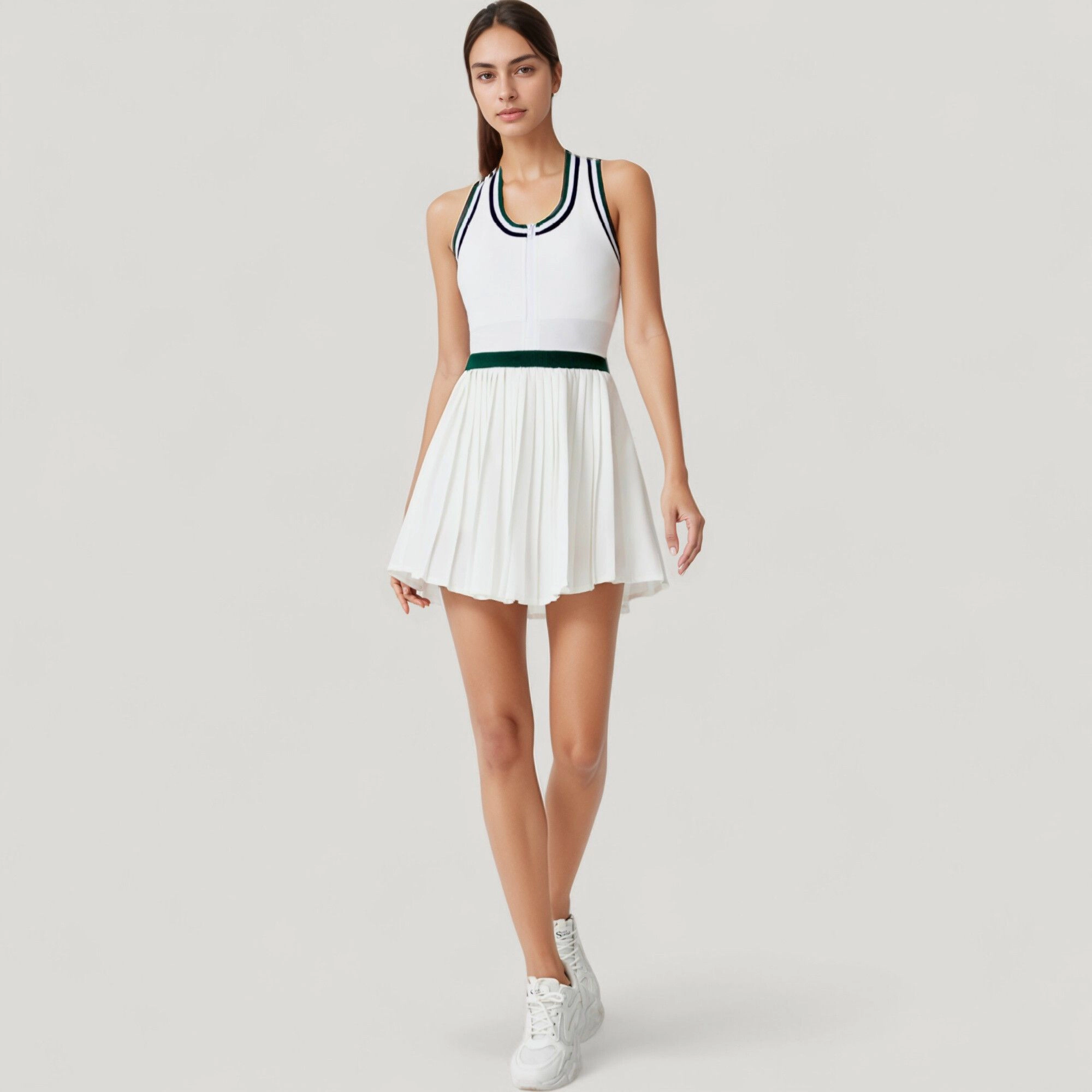 Anna-Kaci Womens Sleeveless Scoop Neck Contrast Trim Zip-Front Tennis Dress