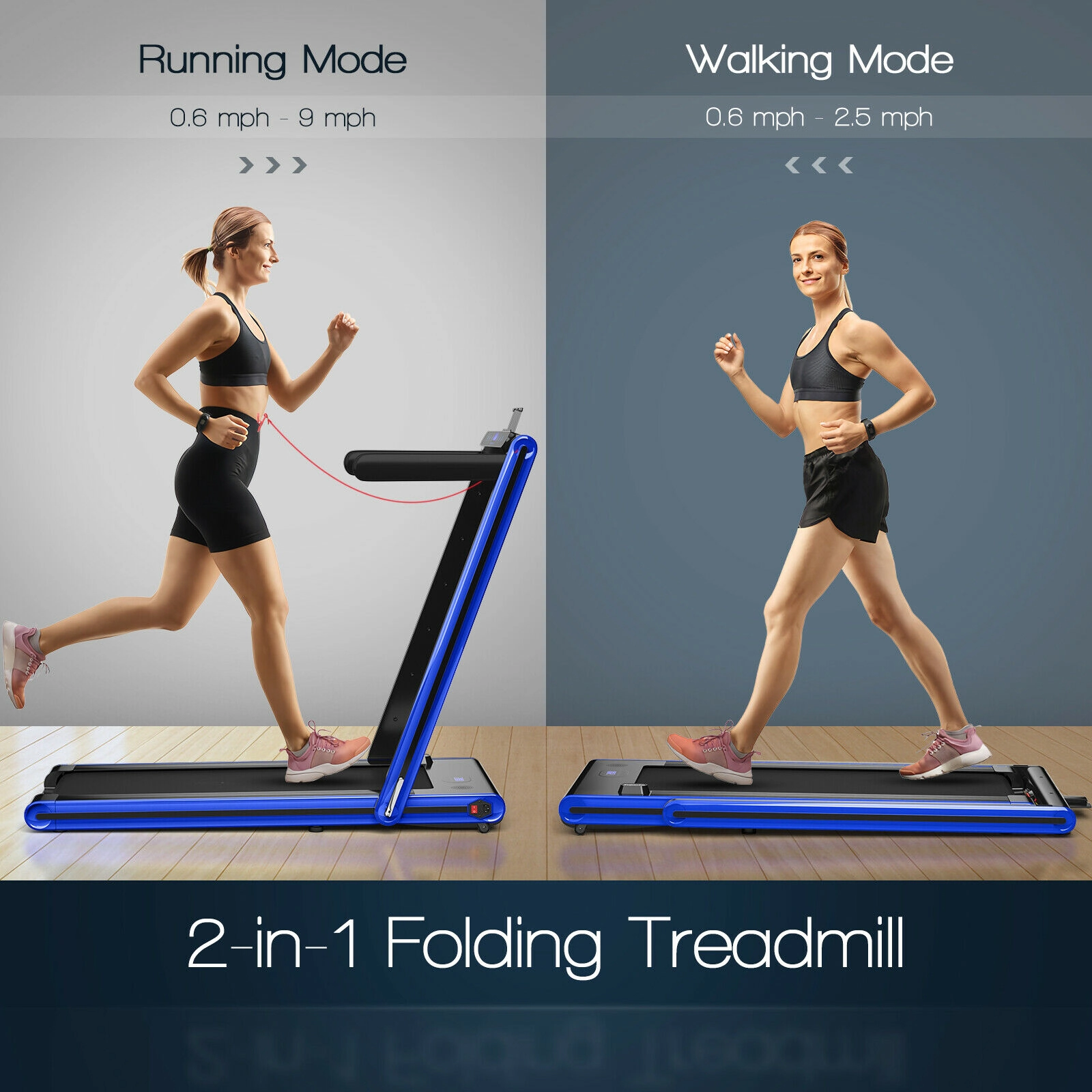 SUGIFT 2-in-1 Folding Treadmill with Dual LED Display 256-lb Capacity 2.25 HP 52-in Frame Navy