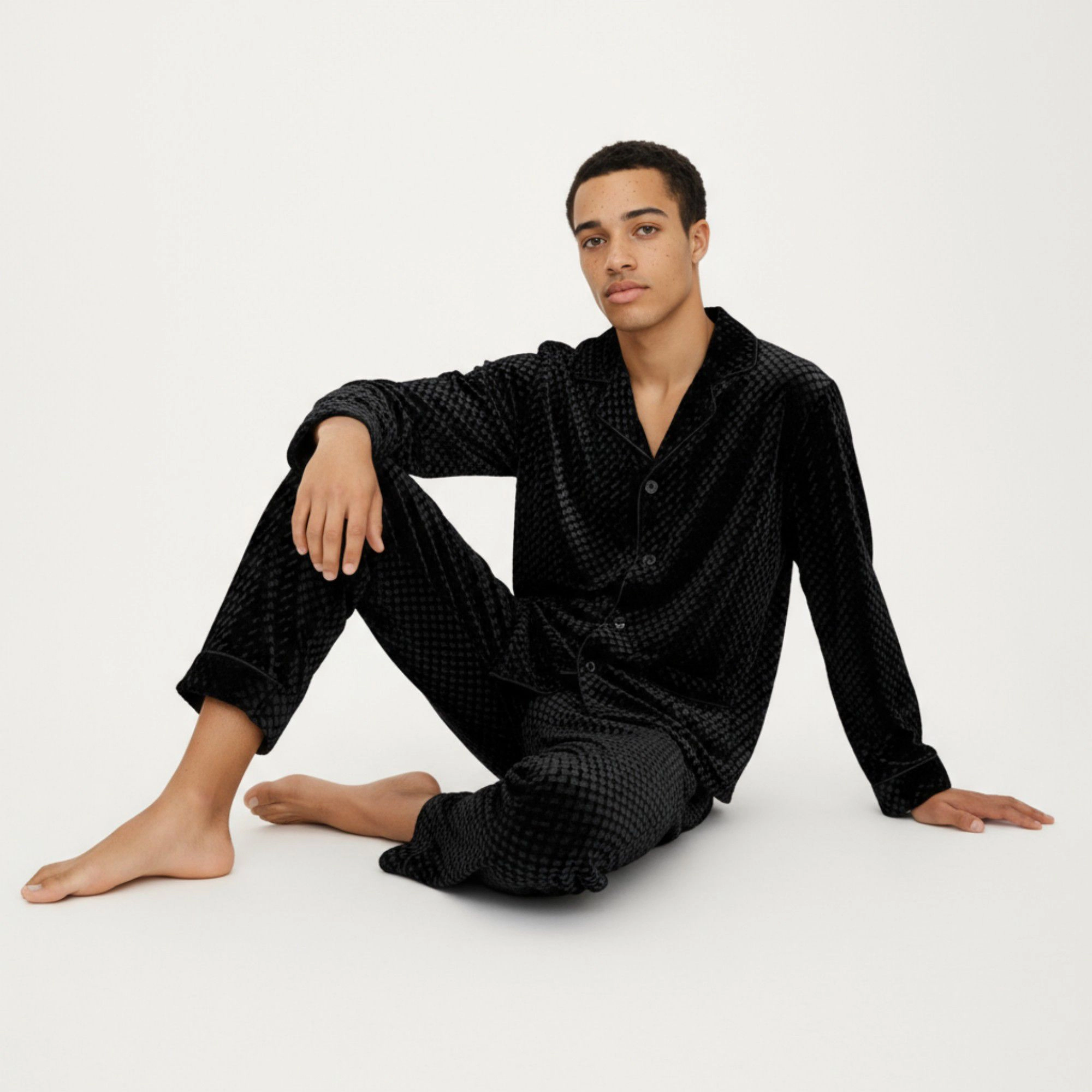 Anna-Kaci Men's 2-Piece Textured Velvet Pajamas with Button Up Top and Straight Leg Pants