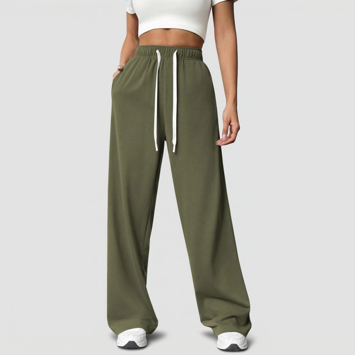 Pinspark Womens Wide Leg Drawstring Pants Fall Elastic High Waist Loose Lounge