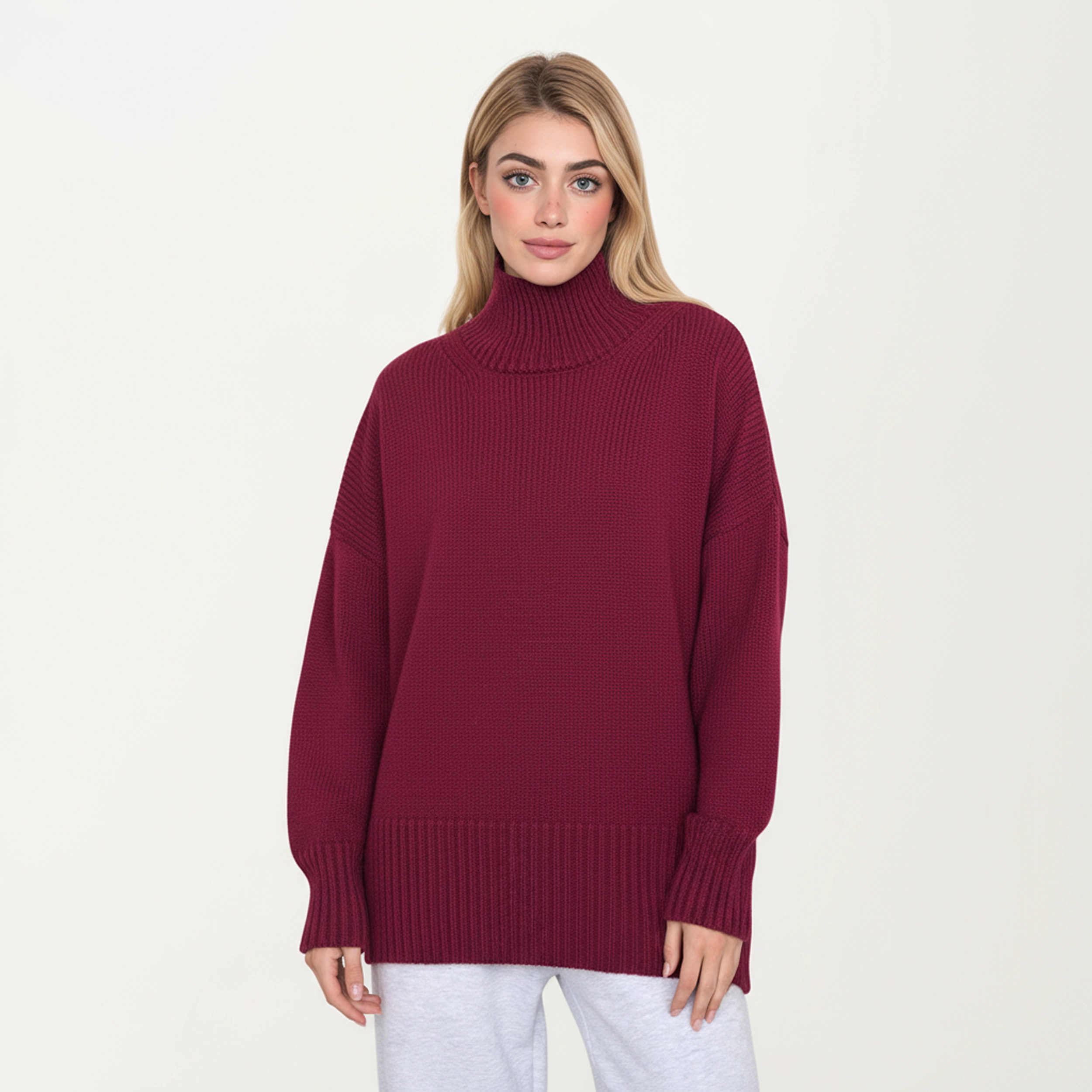 Anna-Kaci Women's Oversized Turtleneck Ribbed Hem Long Sleeve Knit Sweater