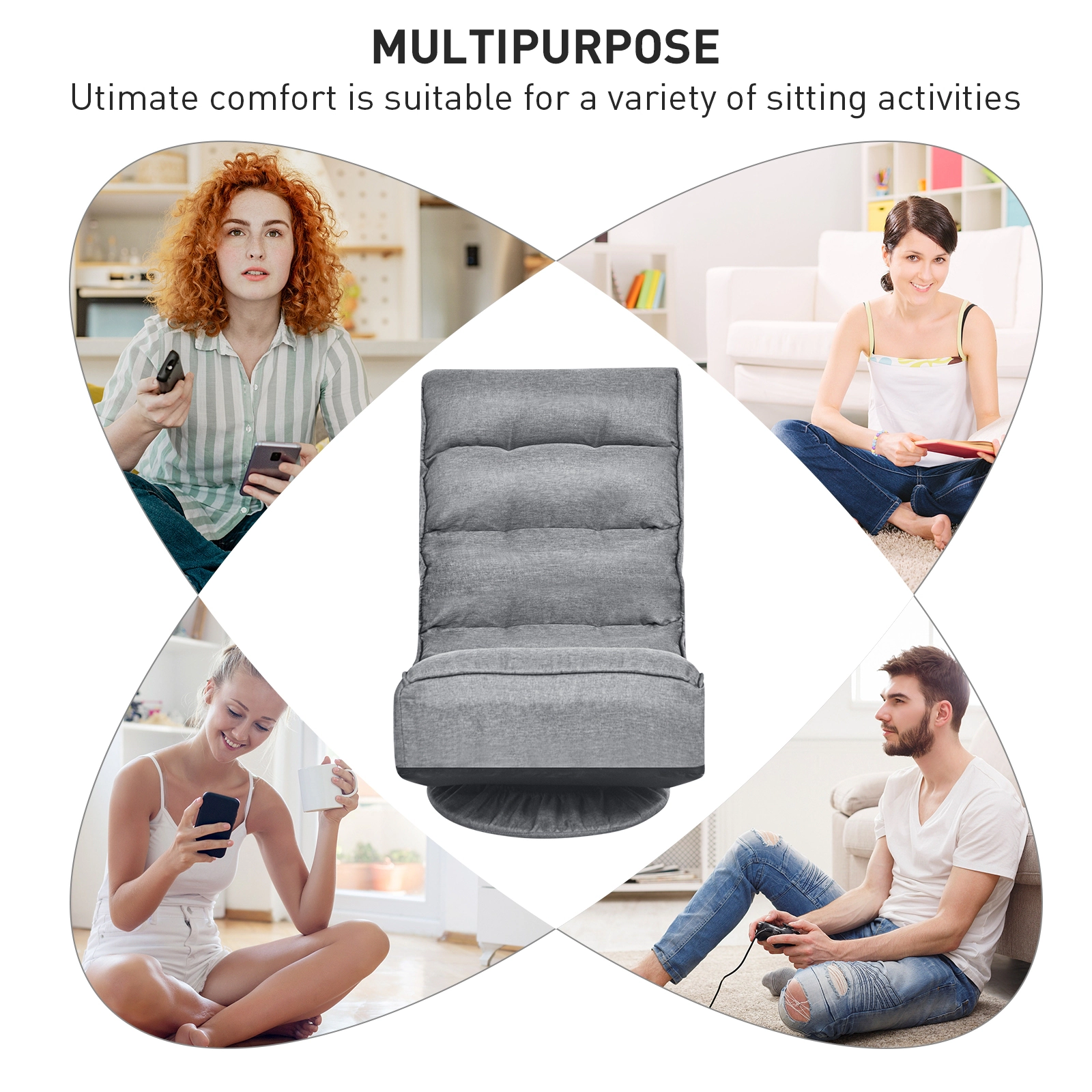 SUGIFT 5-Position Folding Floor Gaming Chair with 360-Degree Swivel Base 300-Lb Capacity Gray