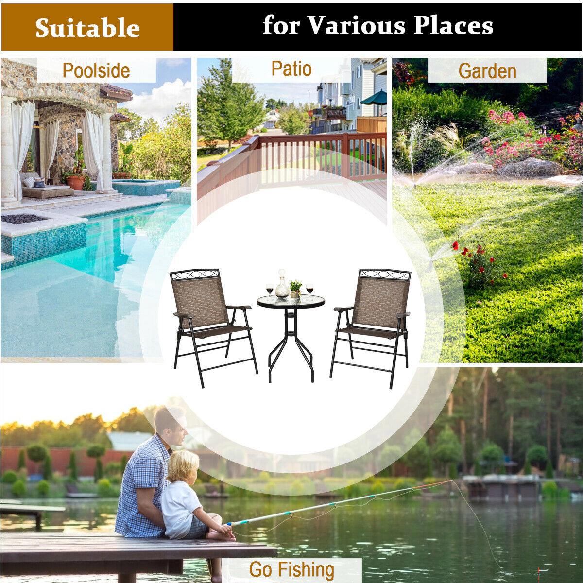 SUGIFT Bistro Dining Set with Tempered Glass Table 135-lb Table 330-lb Chairs 1.57-in Umbrella Hole Brown and Black