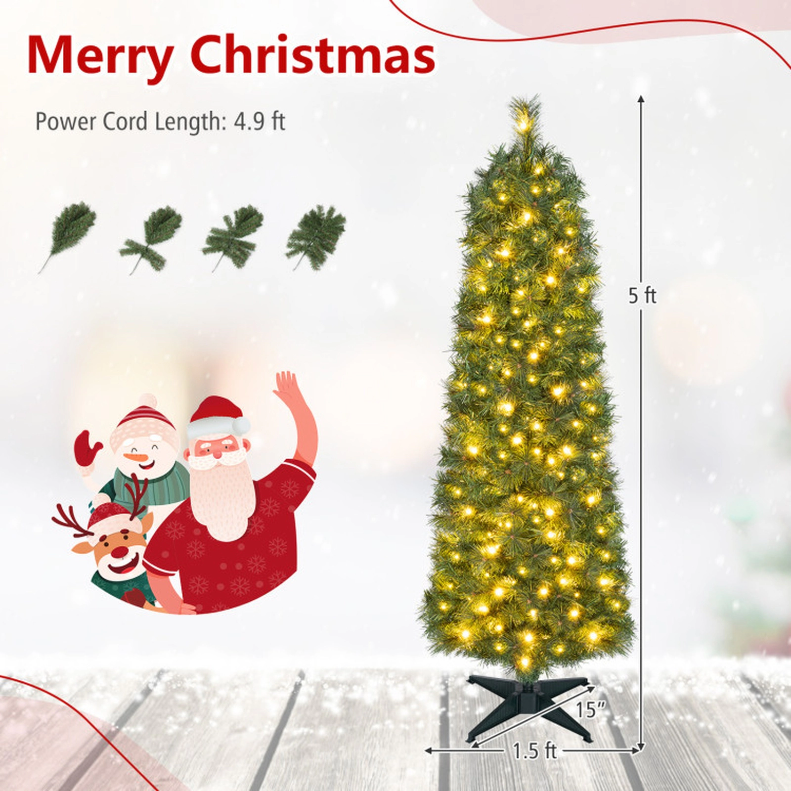 SUGIFT 5-Ft Pre-Lit Skinny Pencil Pine Christmas Tree, 100 Warm White LED Lights, 309 Tips