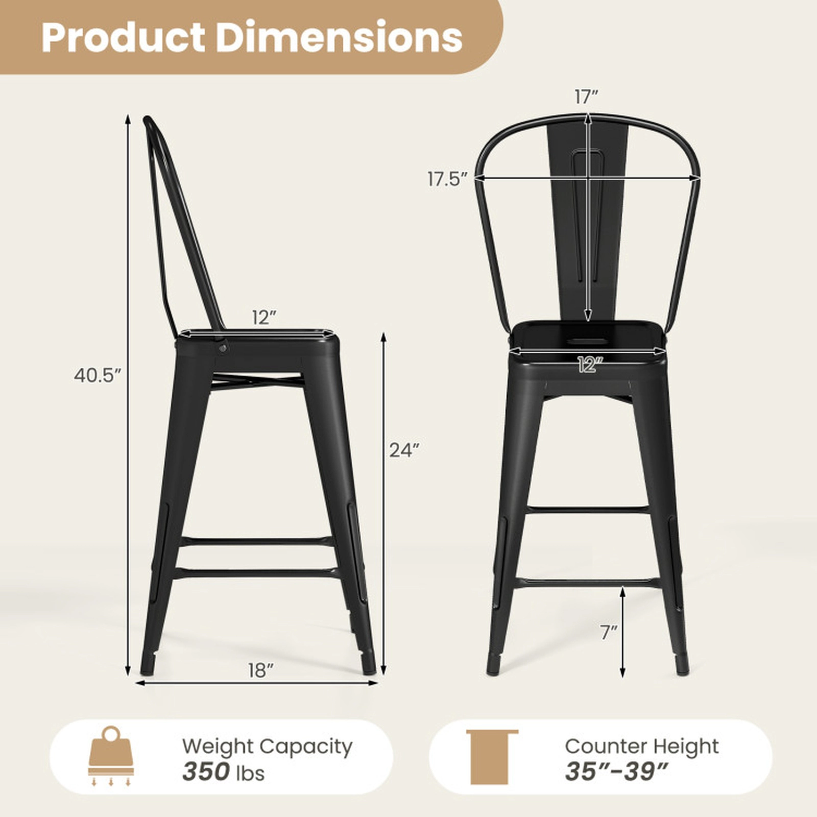 SUGIFT Set of 4 24-Inch Counter-Height Stackable Metal Bar Stools, Removable Backrests