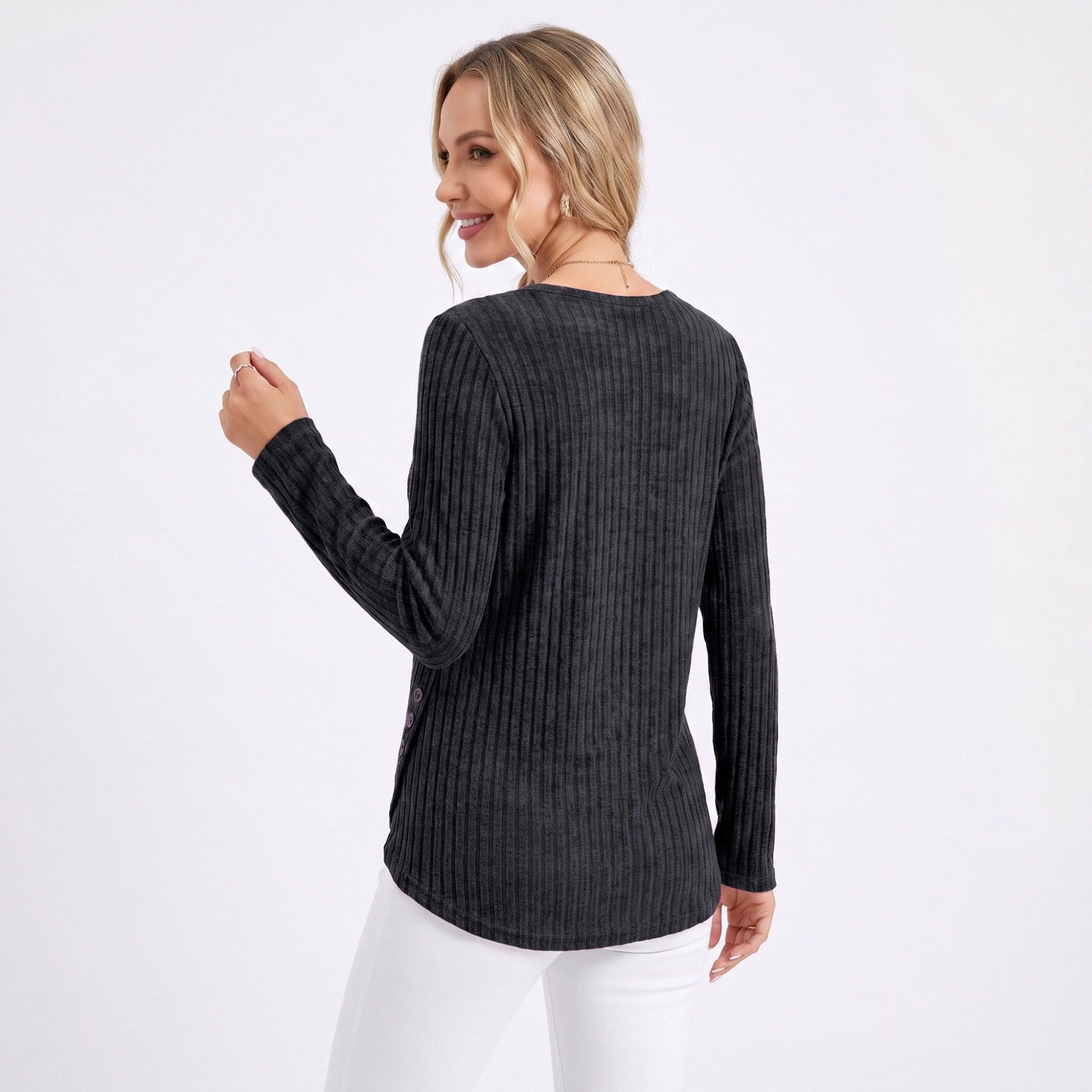 Anna-Kaci Women's Ribbed Crew Neck Side Slit Long Sleeve Tunic Top