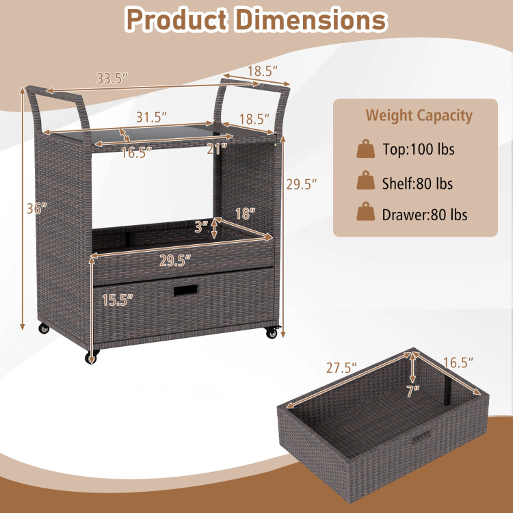 Hivvago Outdoor Wicker Bar Cart Table with Tempered Glass Top