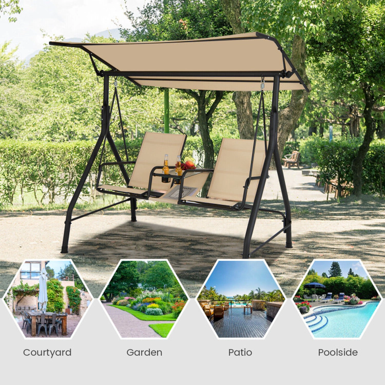 Hivvago 2-Seat Outdoor Cushioned Porch Swing With Adjustable Canopy And Tempered Glass Table