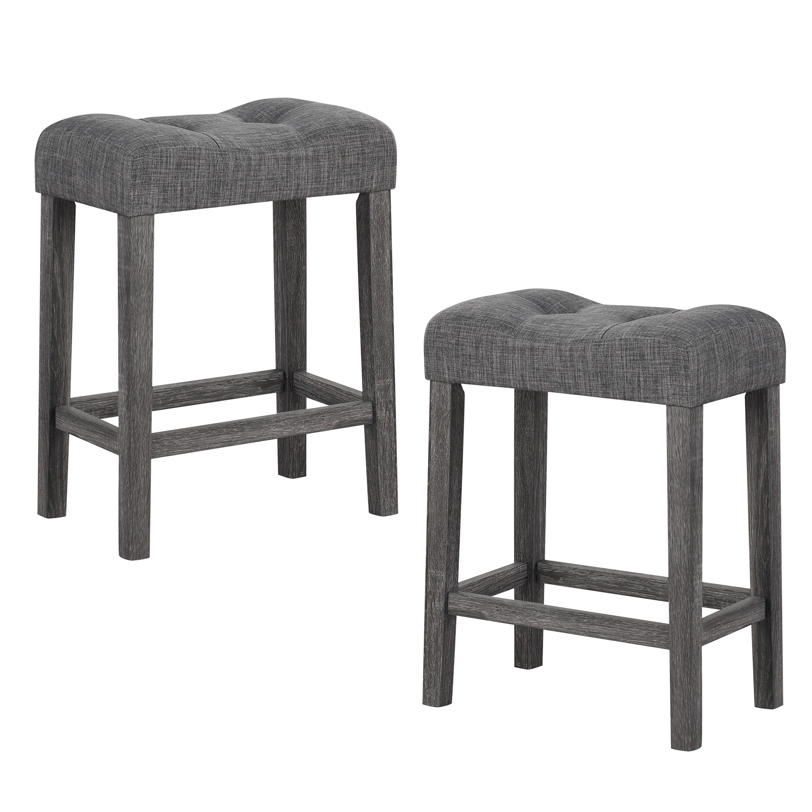 Glintex 2-Piece 24-Inch Backless Saddle Counter Stool Set with Tufted Linen Seat, Gray