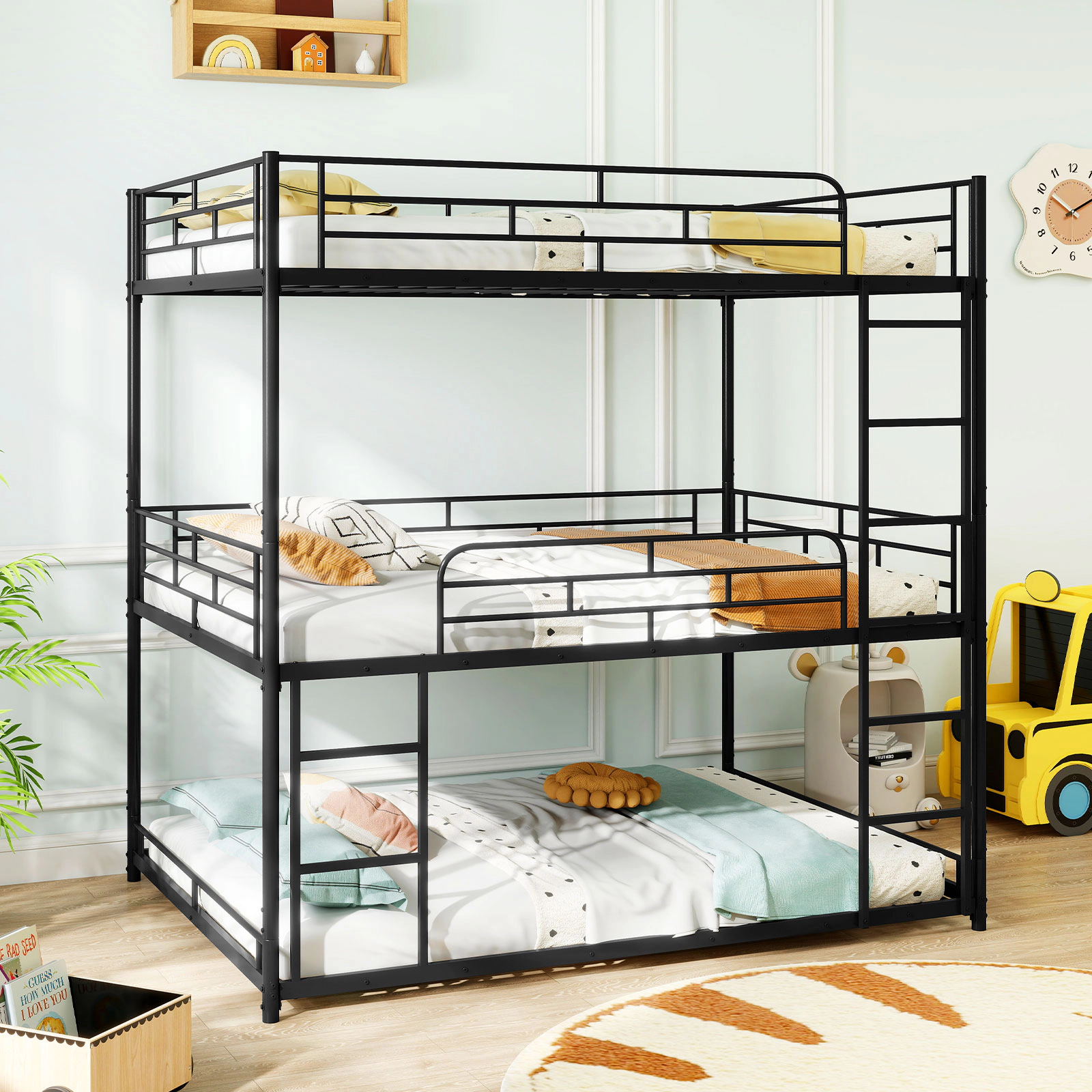 SUGIFT Metal Triple Bunk Bed, Full Size, Black, 2 Ladders and Guardrails