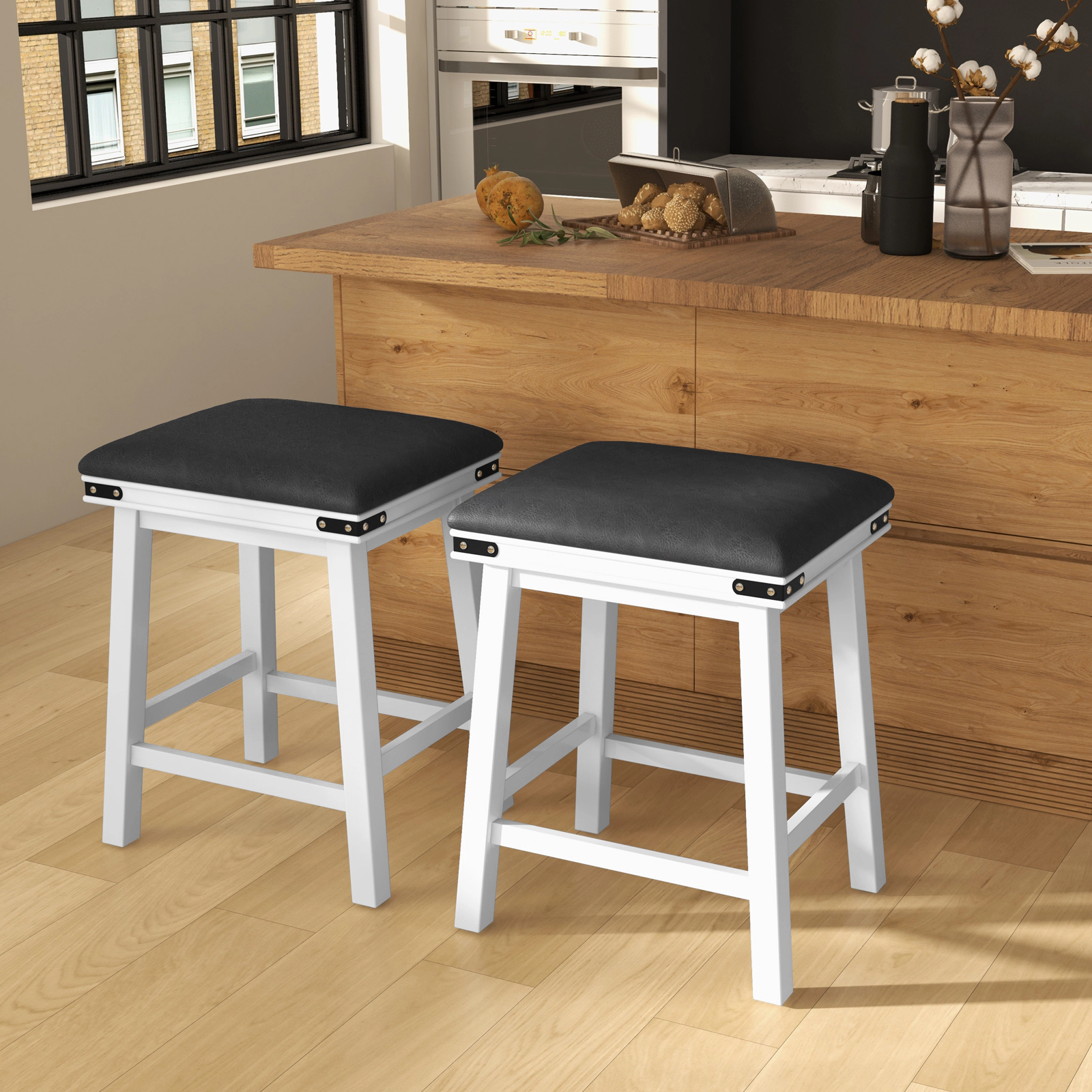 SUGIFT Acacia Wood Frame and Padded PU Leather Seat Set of 2 White Bar Stools