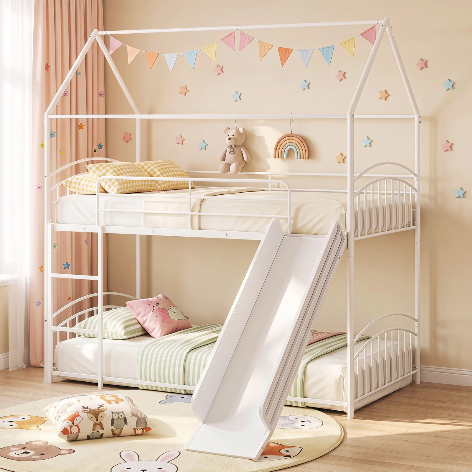SUGIFT Twin-Over-Twin Metal House Bunk Bed with Slide and Ladder, Black and White