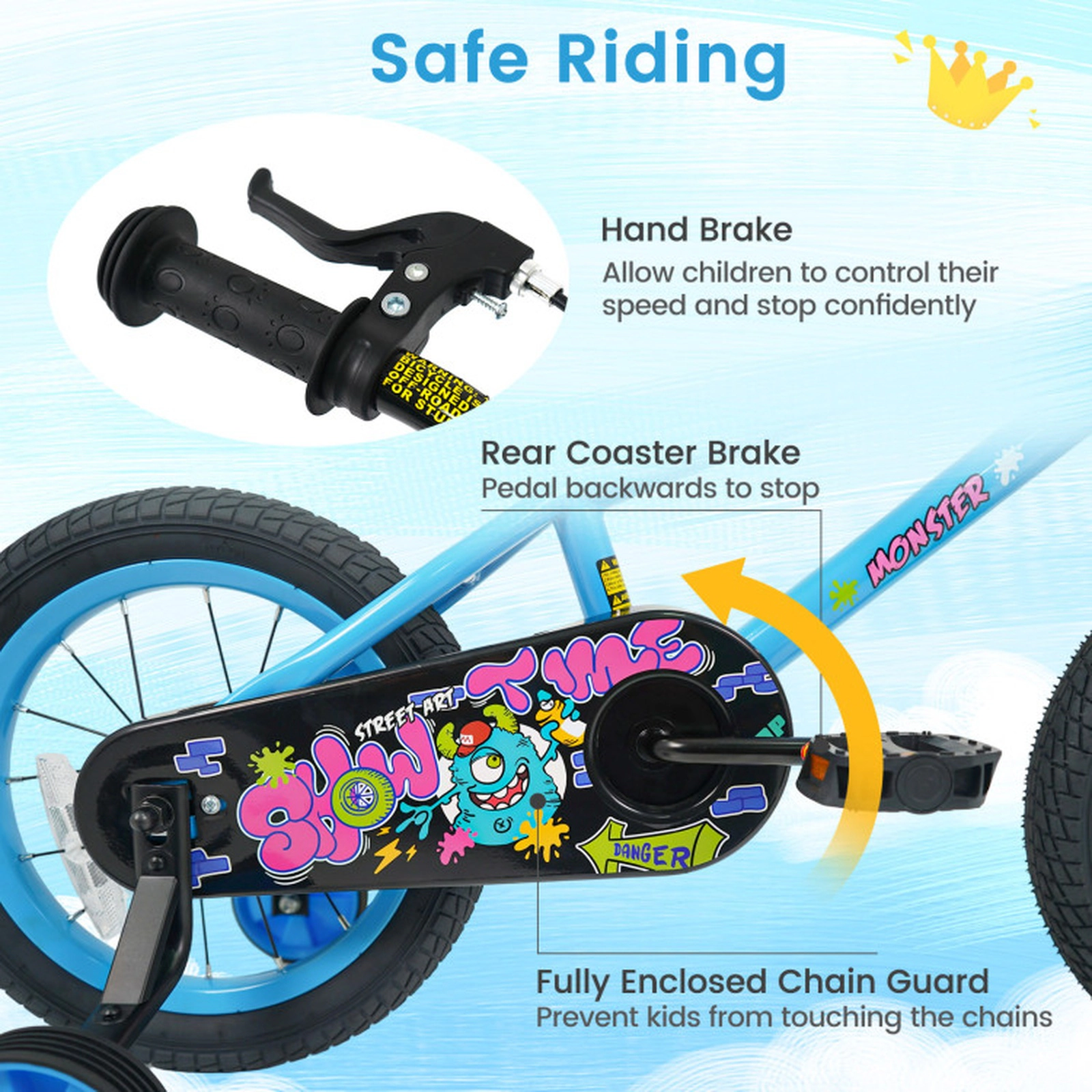 SUGIFT Blue Training Wheels Number Plate and Adjustable Seat Kids Bike
