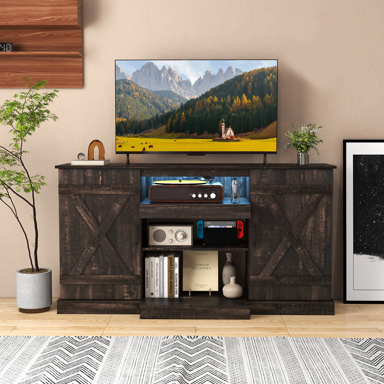 Glintex 59-Inch Rustic LED TV Stand with Central Fireplace Bay, Dark Rustic Oak