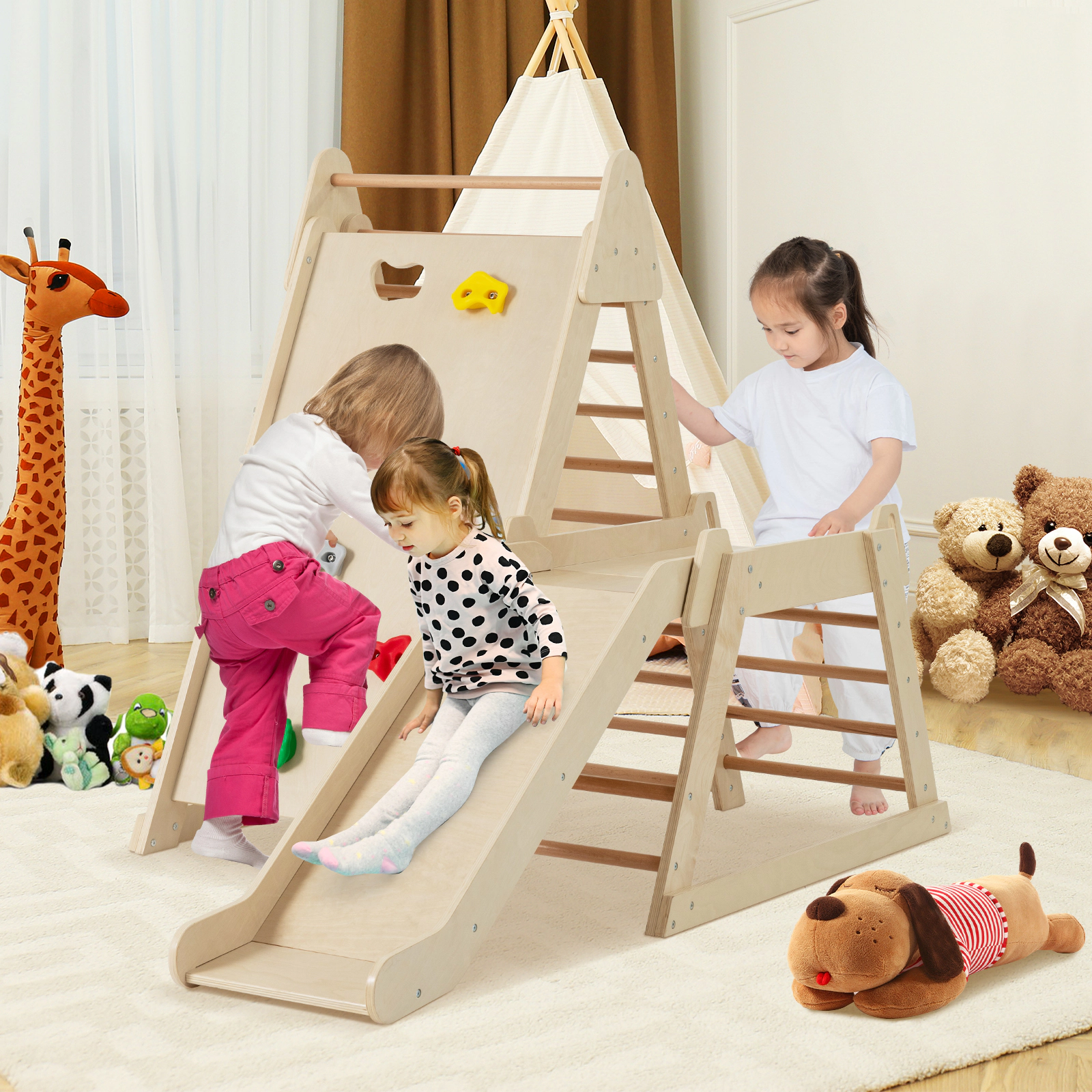 SUGIFT Natural Extended Slide 3 in 1 Toddler Indoor Playground Jungle Gym