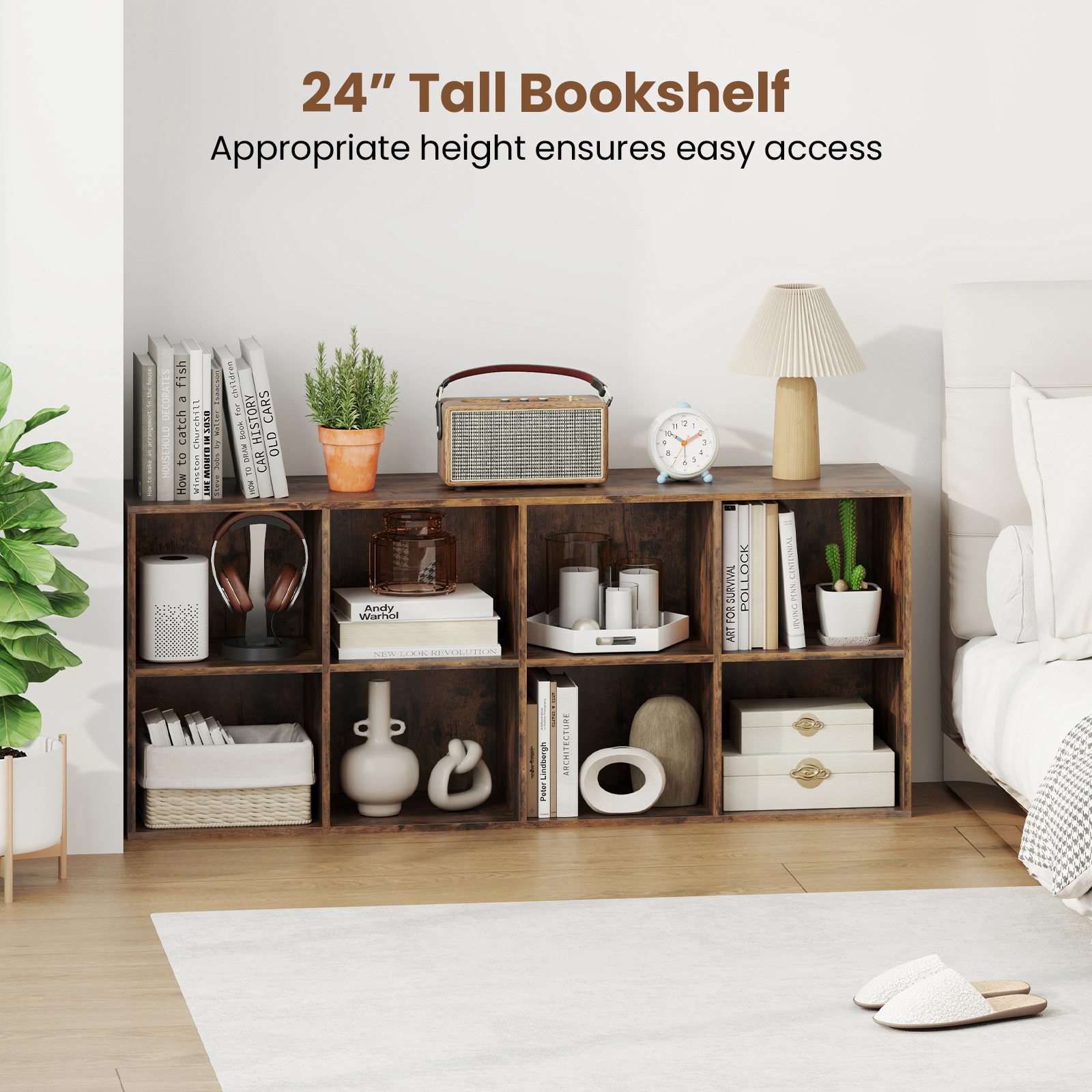 SUGIFT 8-Cube Rustic Brown 48-in Low Cube Storage Organizer Bookshelf with 2 Anti-Tipping Kits and 180-lb Top