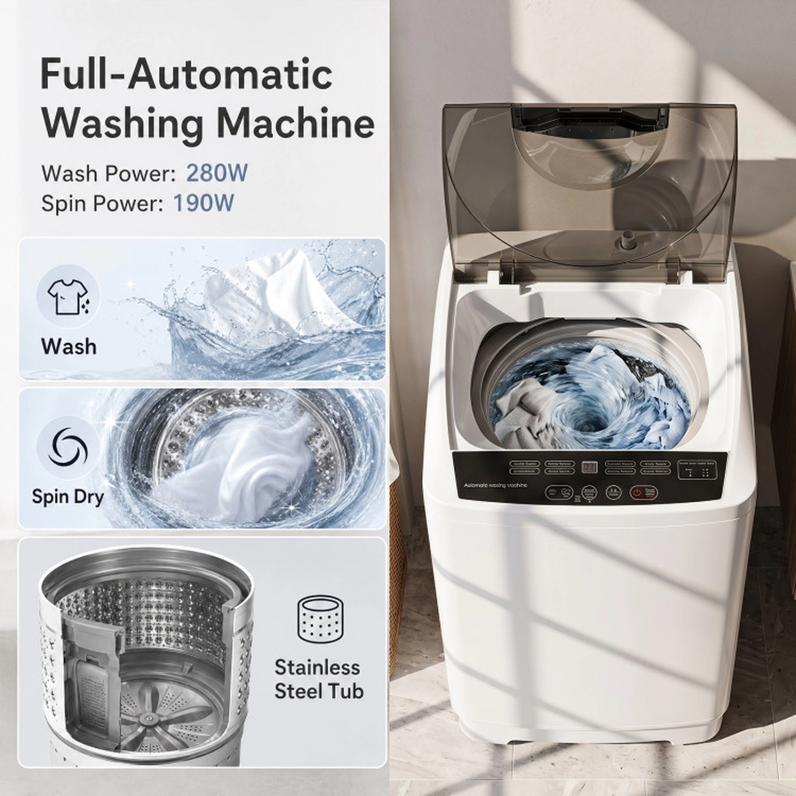 SUGIFT Full Automatic Compact Washing Machine Wash Spin Dry 8 Programs 9.93-lb Capacity 18.5 x 18.5 x 33-in Gray/White