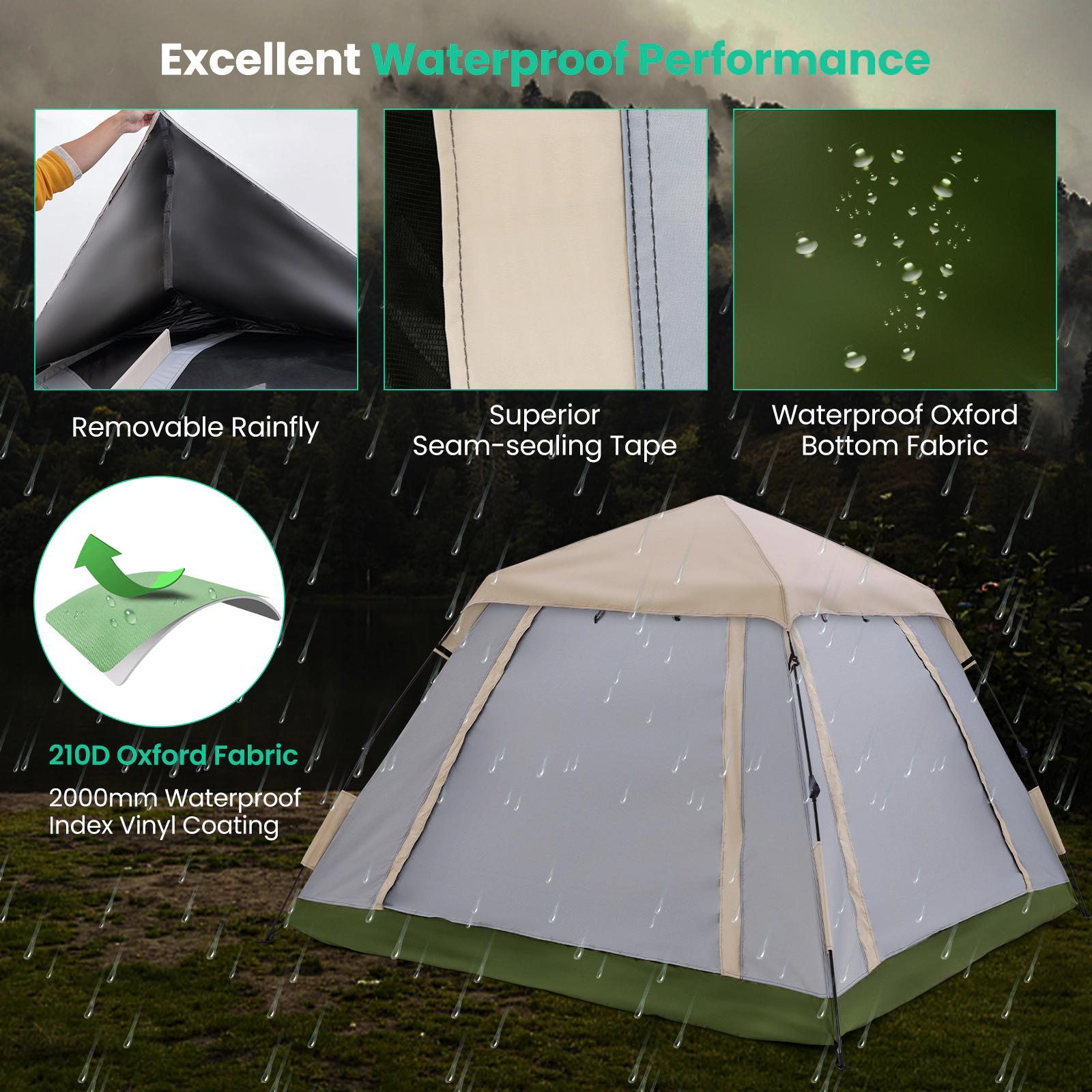 LJG 2-4 Person Instant Pop-up Camping Tent with Removable Rainfly