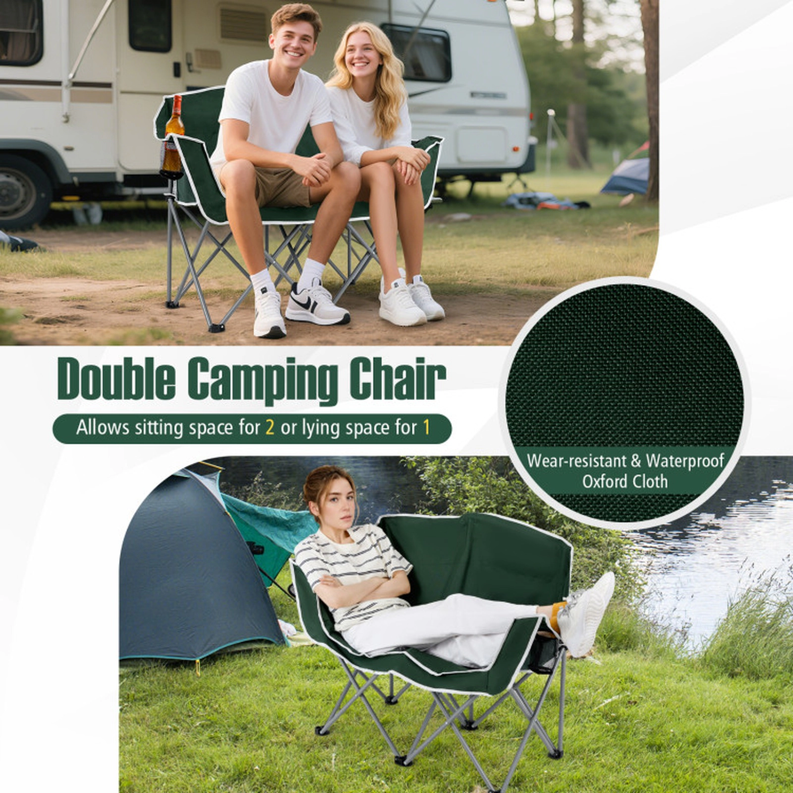 SUGIFT Green 660 lb Double Camping Loveseat Chair with 2 Cup Holders and Carry Bag
