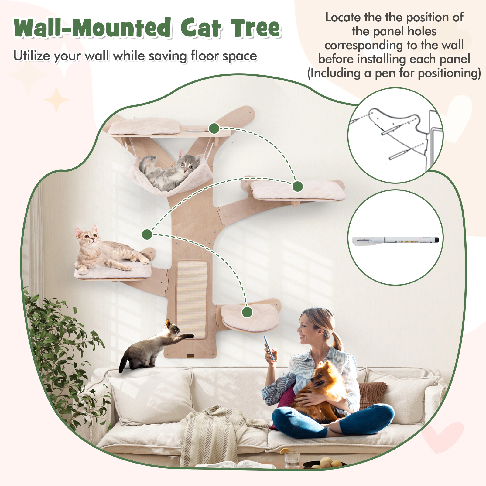 Glintex 71-Inch Wall-Mounted Cat Tower with 4 Platforms Hammock and Sisal Mat, Natural