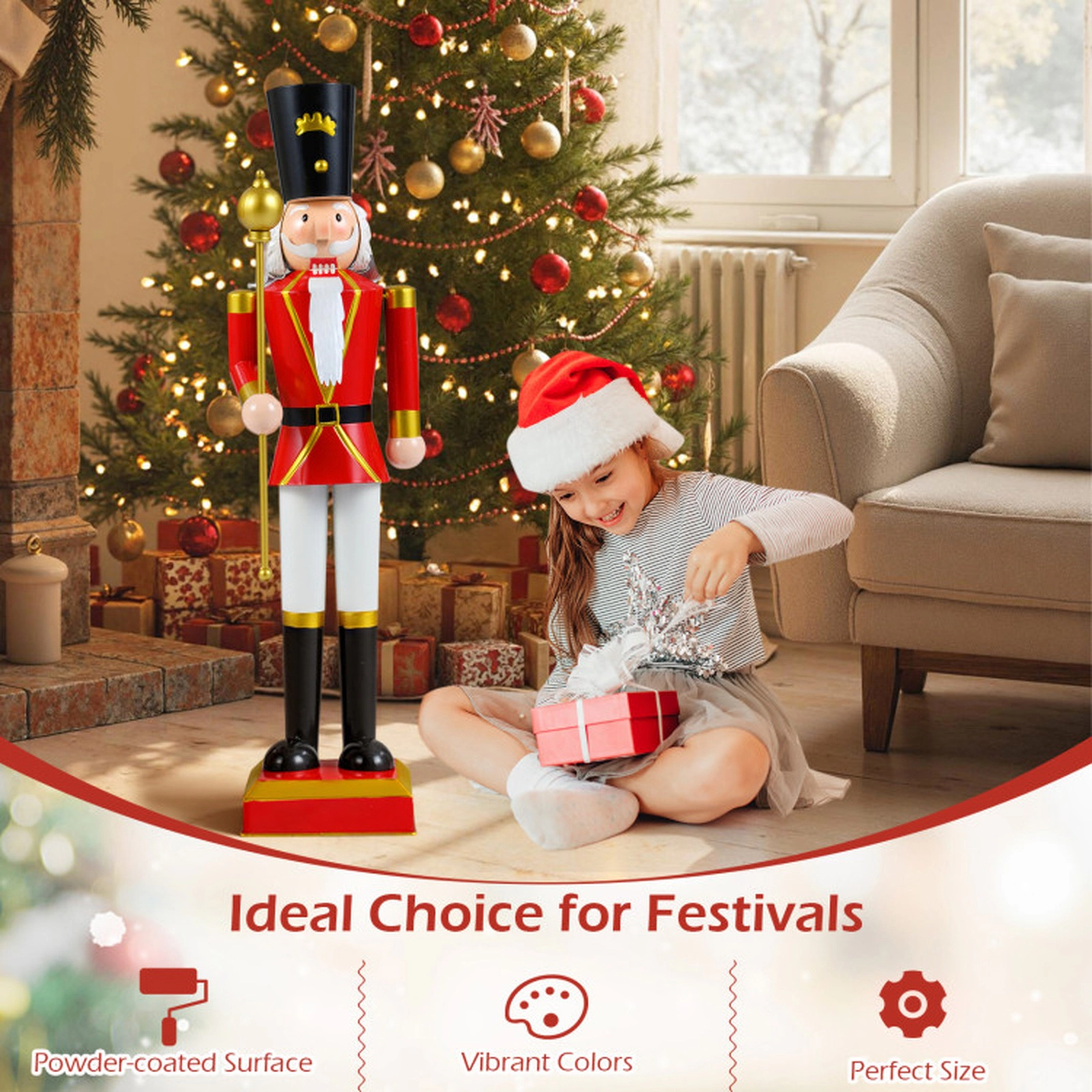 SUGIFT 32.5-in Christmas Nutcracker with High Hat and Scepter Red + Black + Golden/ White + Golden