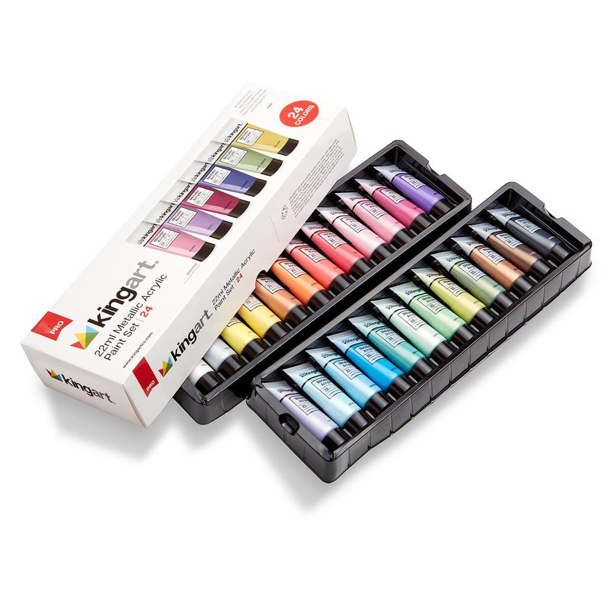 KINGART PRO Metallic Acrylic Paint Set - 24 Shimmery Colors, 22ml Tubes