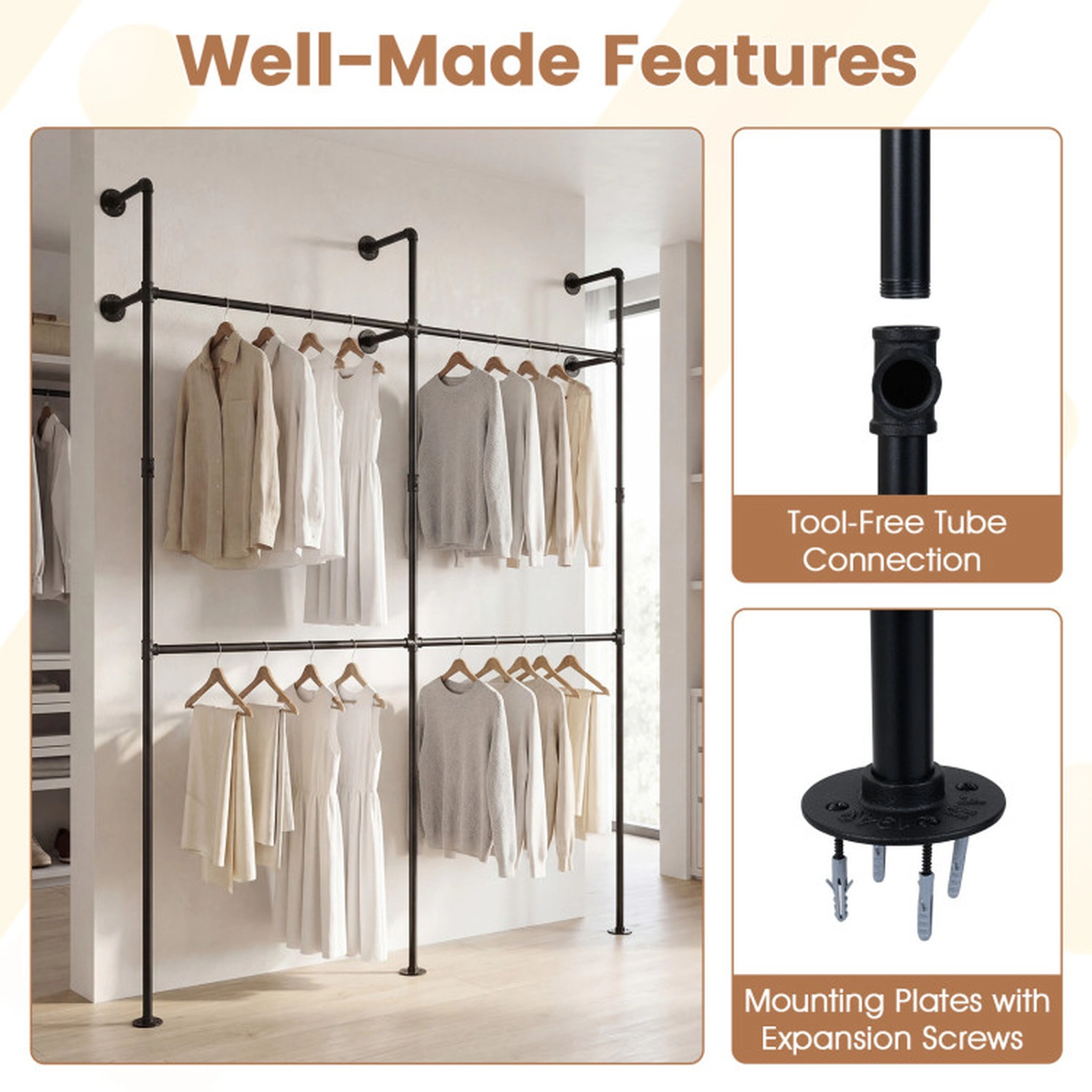 SUGIFT 4 Hanging Rods Double-Tier Wall Mounted Pipe Clothing Rack 79-in x 12.5-in x 89.5-in 45-lb per Rod Black
