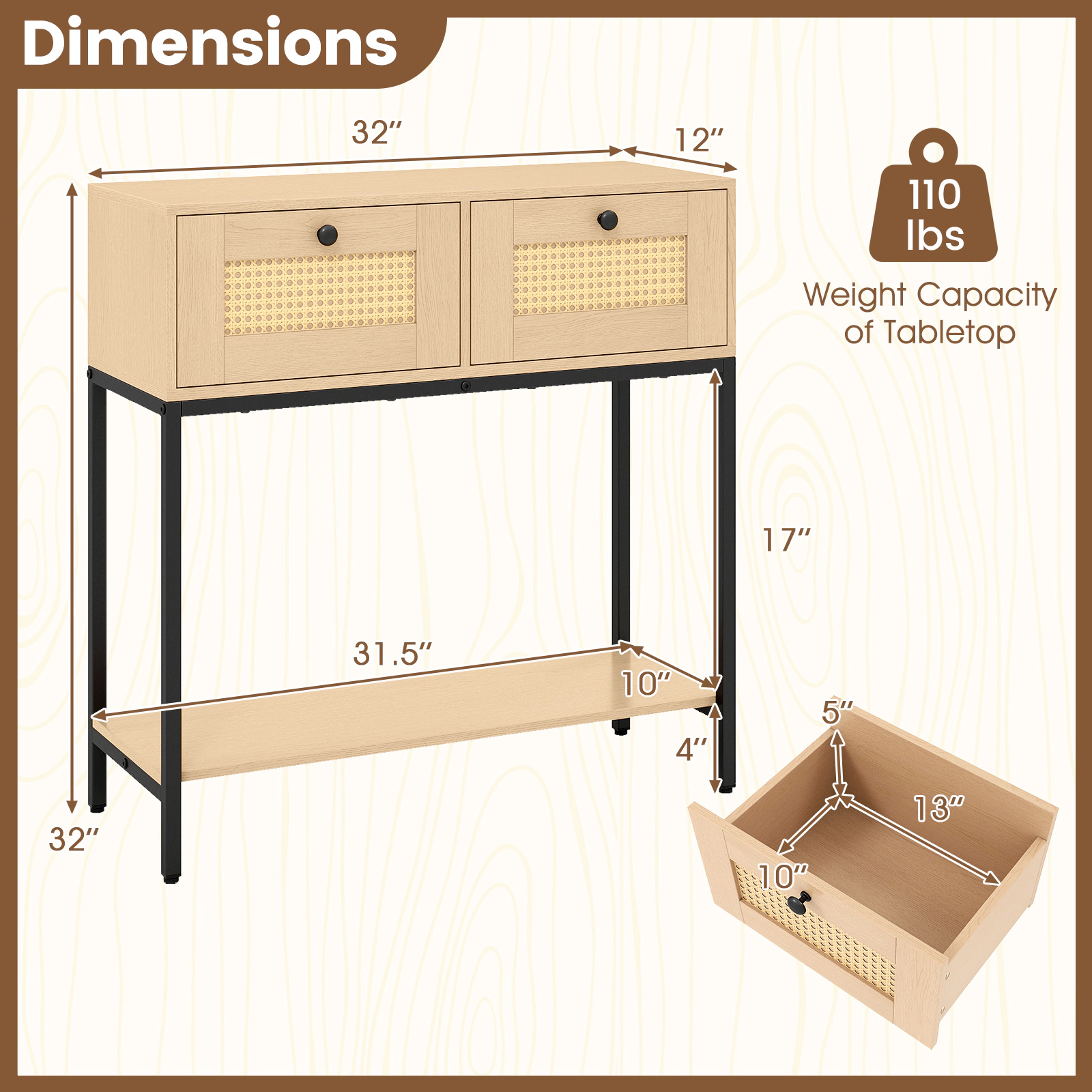 Hivvago Rattan Console Table Boho Entryway Table with 2 Rattan Drawers and Open Storage Shelf