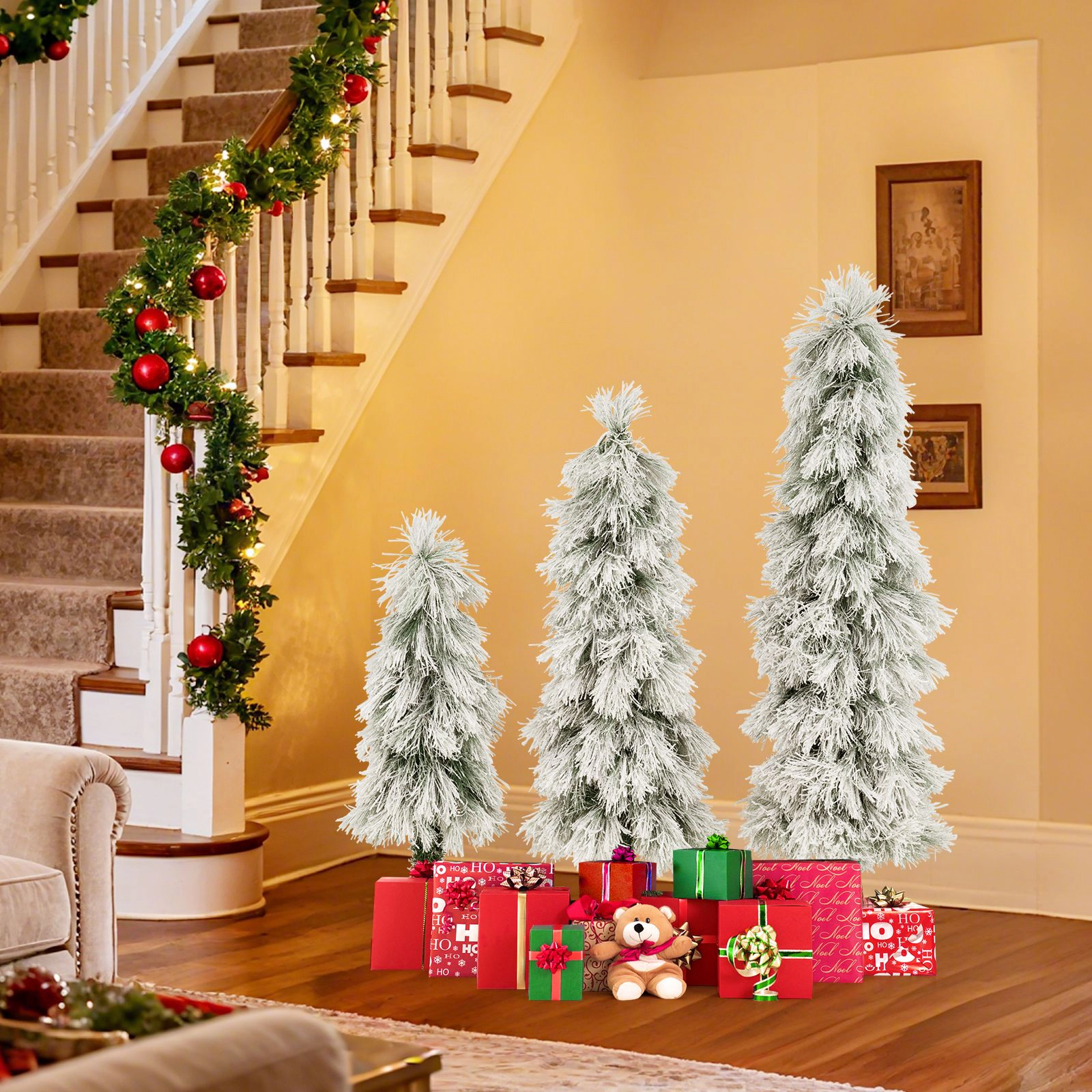 SlickBlue Set of 3 Slim Snow-Dusted Christmas Trees with LED Lights