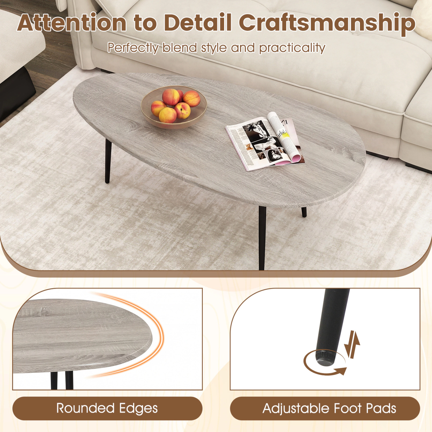 Glintex 42.5-Inch Oval Coffee Table with Metal Legs and Rounded Edges