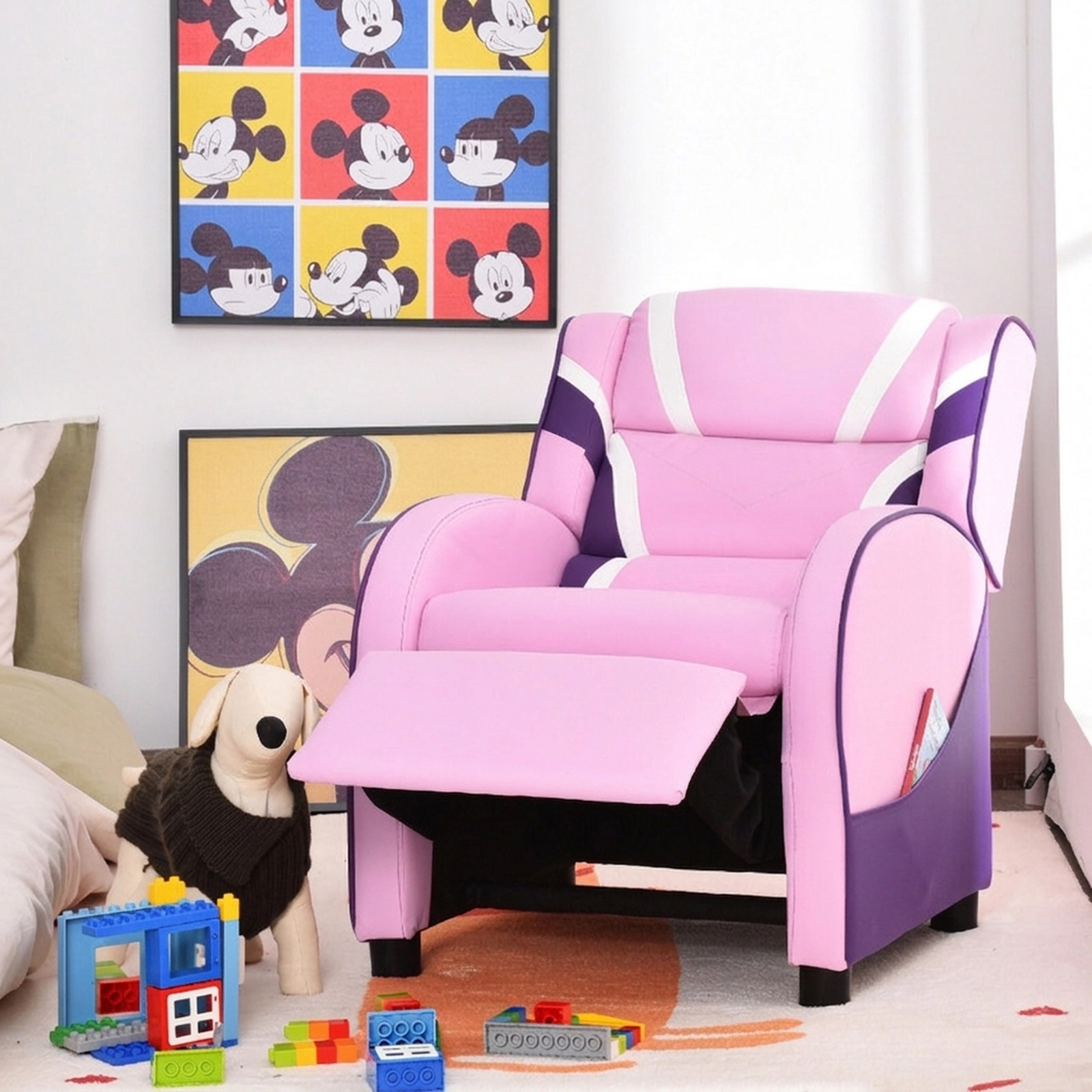 SUGIFT Pink Side Pockets and 150-Degree Recline Kids Leather Recliner Chair