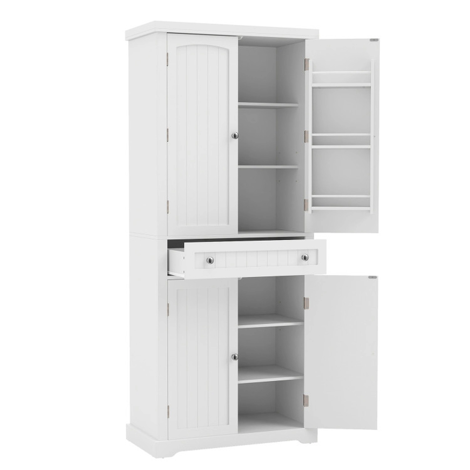 SUGIFT Tall Kitchen Pantry Storage Cabinet with 4 Fluted Doors Drawer 22-lb Shelf Capacity 11-lb Drawer Capacity White