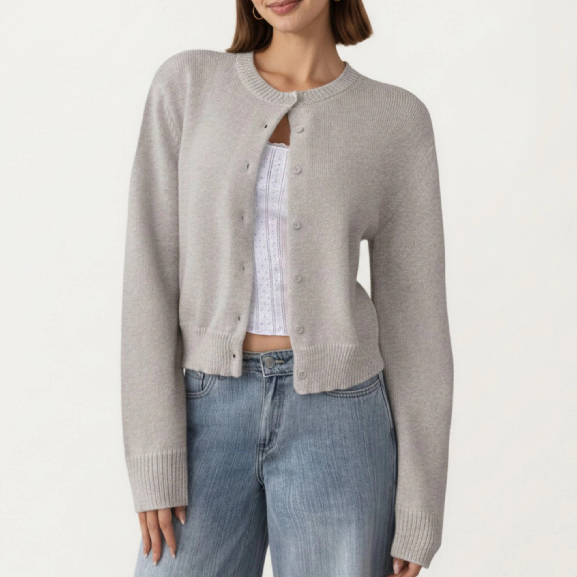 Anna-Kaci Women's Soft Knit Button Front Cropped Cardigan with Ribbed Trim Details and Relaxed Long Sleeves