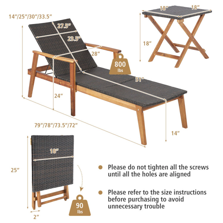Hivvago 2 Pieces Patio Chaise Lounge And Table Set With 4-Level Adjustable Backrest