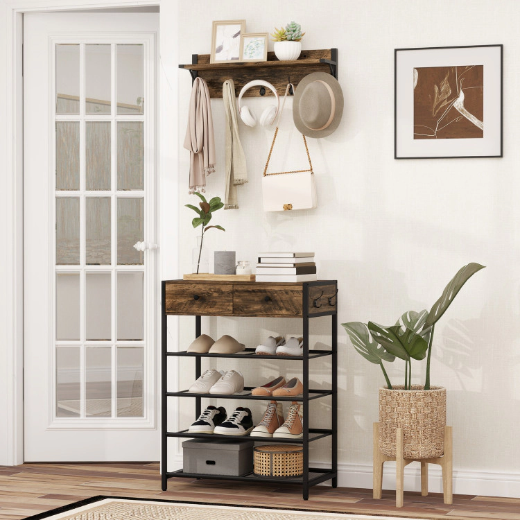 Hivvago Coat Rack Shoe Stand Set 5-Tier Shoe Rack with Wall-Mounted Coat Hanger-Brown