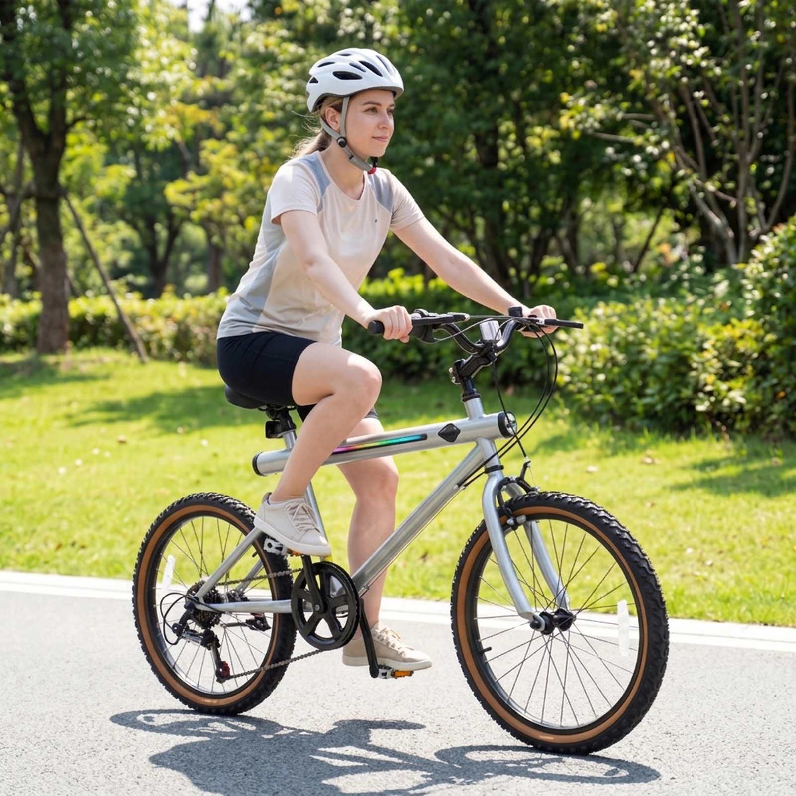 SUGIFT LED-Lit 20-Inch Bicycle with 6-Speed Shimano Gears 176-lb Seat Capacity Ages 13+ Black/Silver