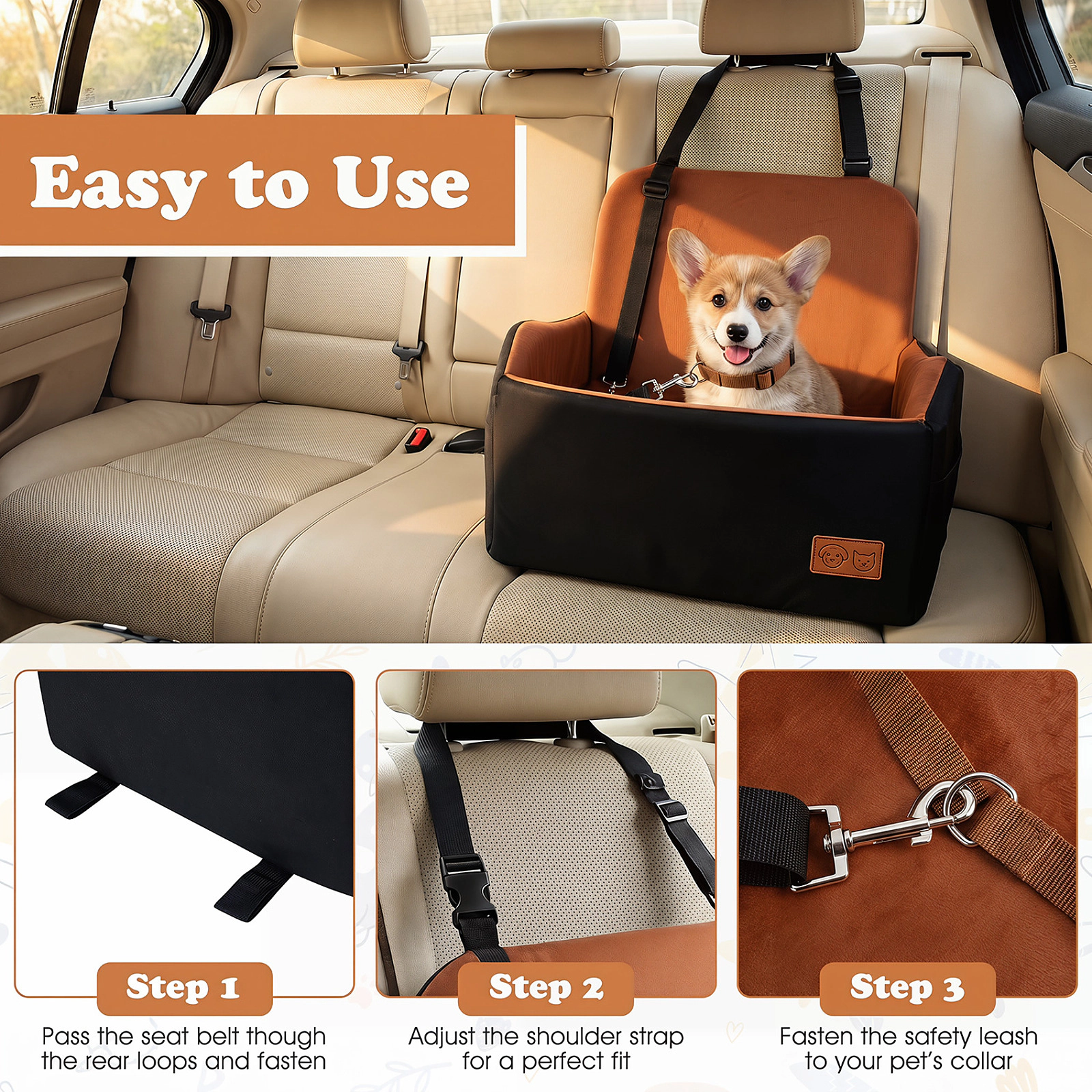 SUGIFT Brown Detachable Dog Booster Car Seat with Safety Leash and Plush Cushion 21-in W 20-in D 18-in H