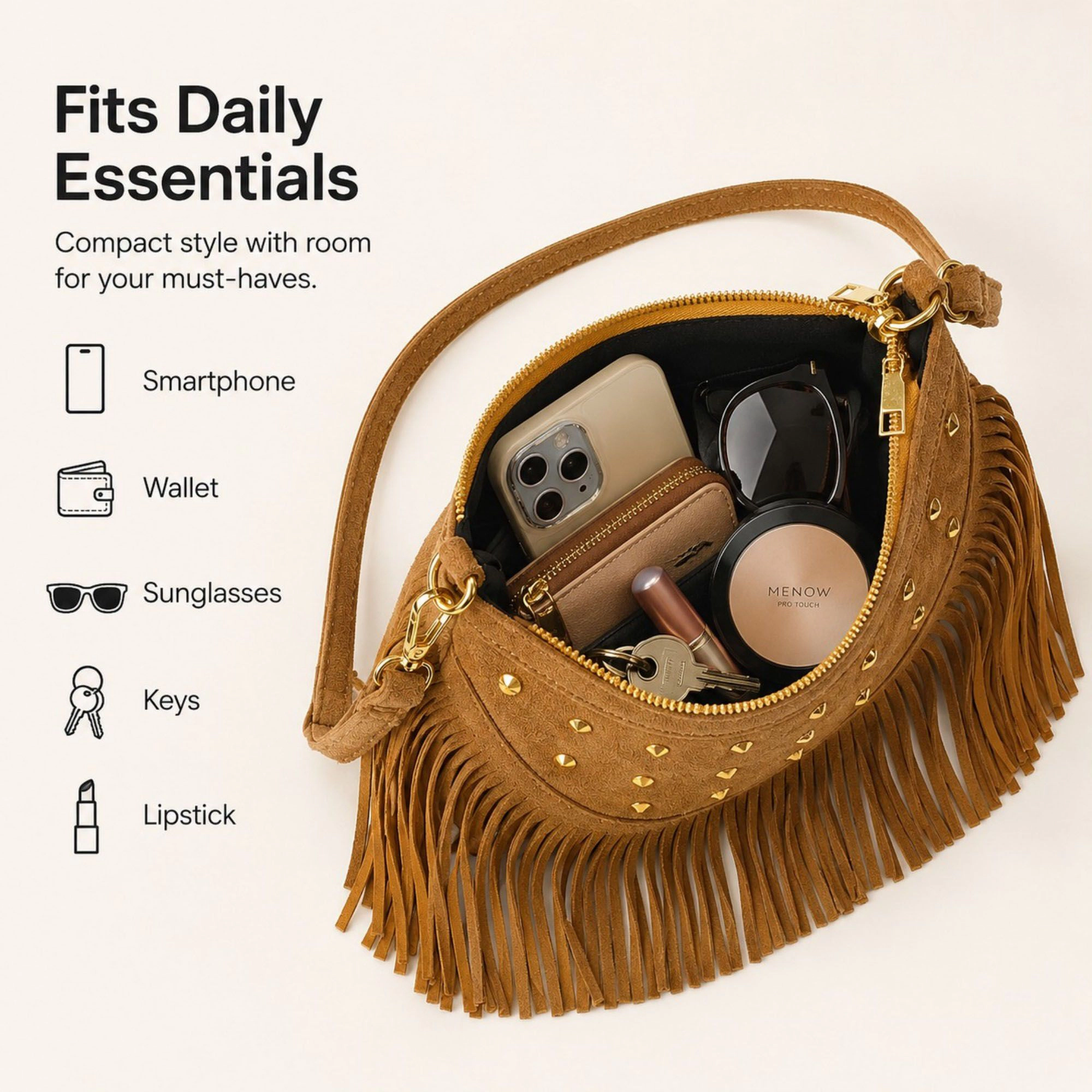 Alilang Women's Studded Fringe Crossbody Bag Suede Look Crescent Shoulder Purse with Adjustable Strap