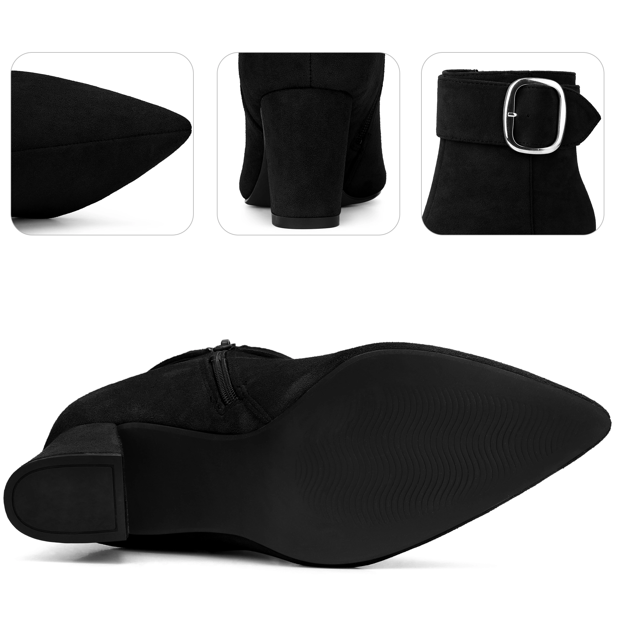 BLISSFUL STEP Women Faux Suede Pointed Toe Square Buckle Chunky Heels Ankle Boots