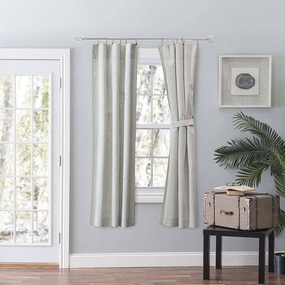 Ellis Curtain Plaza Classic Ticking Stripe Printed 3" Rod Pocket Tailored Panel Pair with Tiebacks 56" x 63" Sage