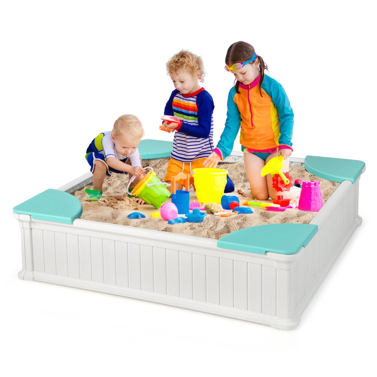 SUGIFT Kids Outdoor Sandbox with Oxford Cover & 4 Corner Seats 110-lb Seat Capacity Ages 3 Years & Up White Brown Navy