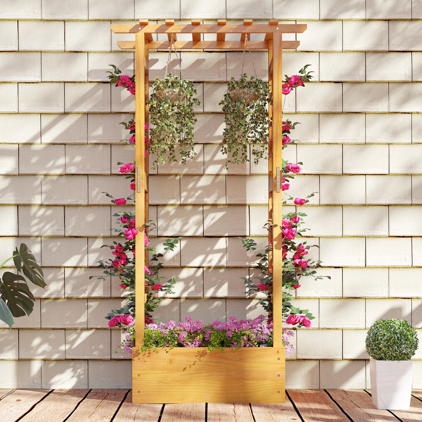 SUGIFT 60-in Tall 44-lb Roof Pine Wood Raised Garden Bed with Lattice Trellis Hanging Roof and Open-Ended Base