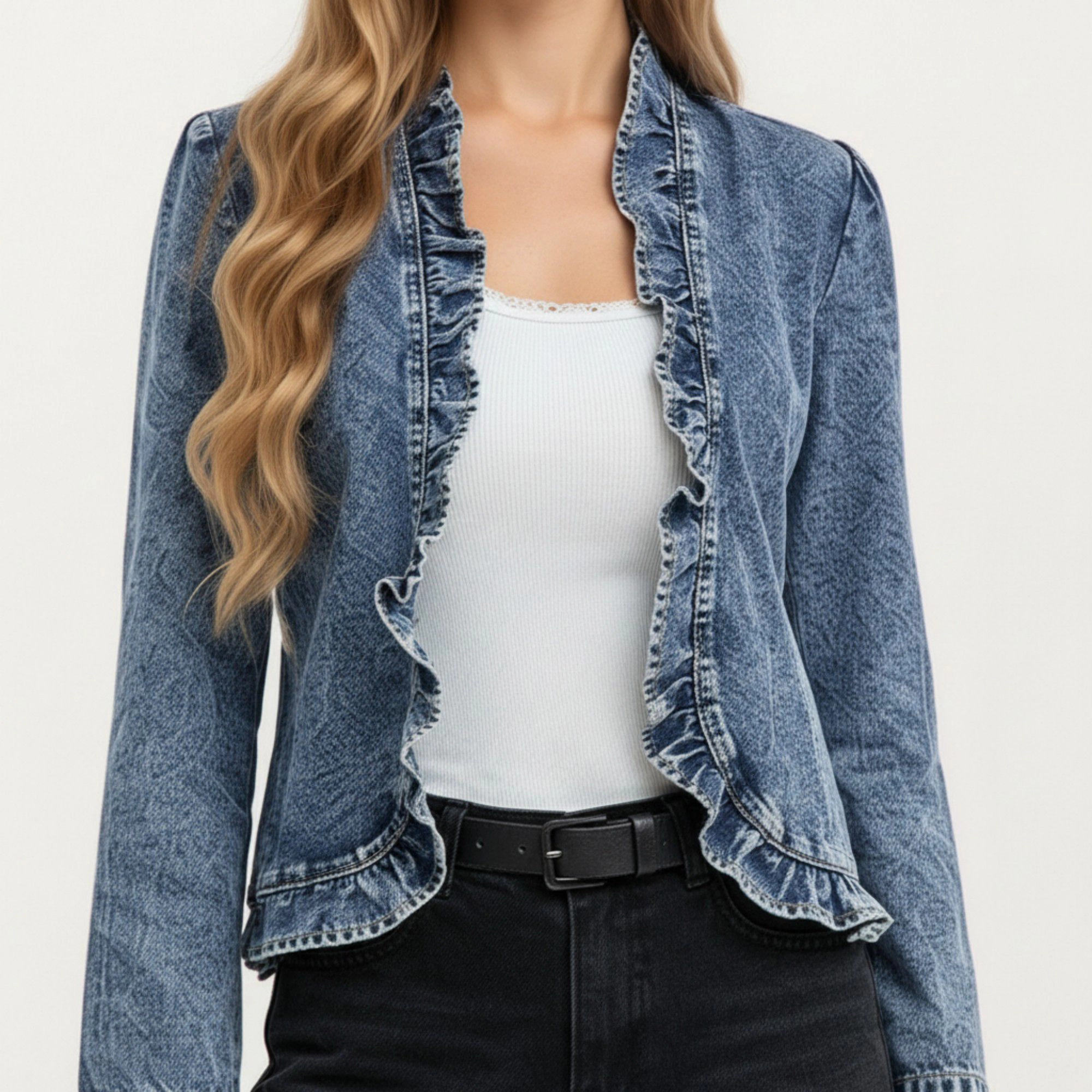 Anna-Kaci Womens Lightweight Ruffle Trim Open Front Denim Jacket
