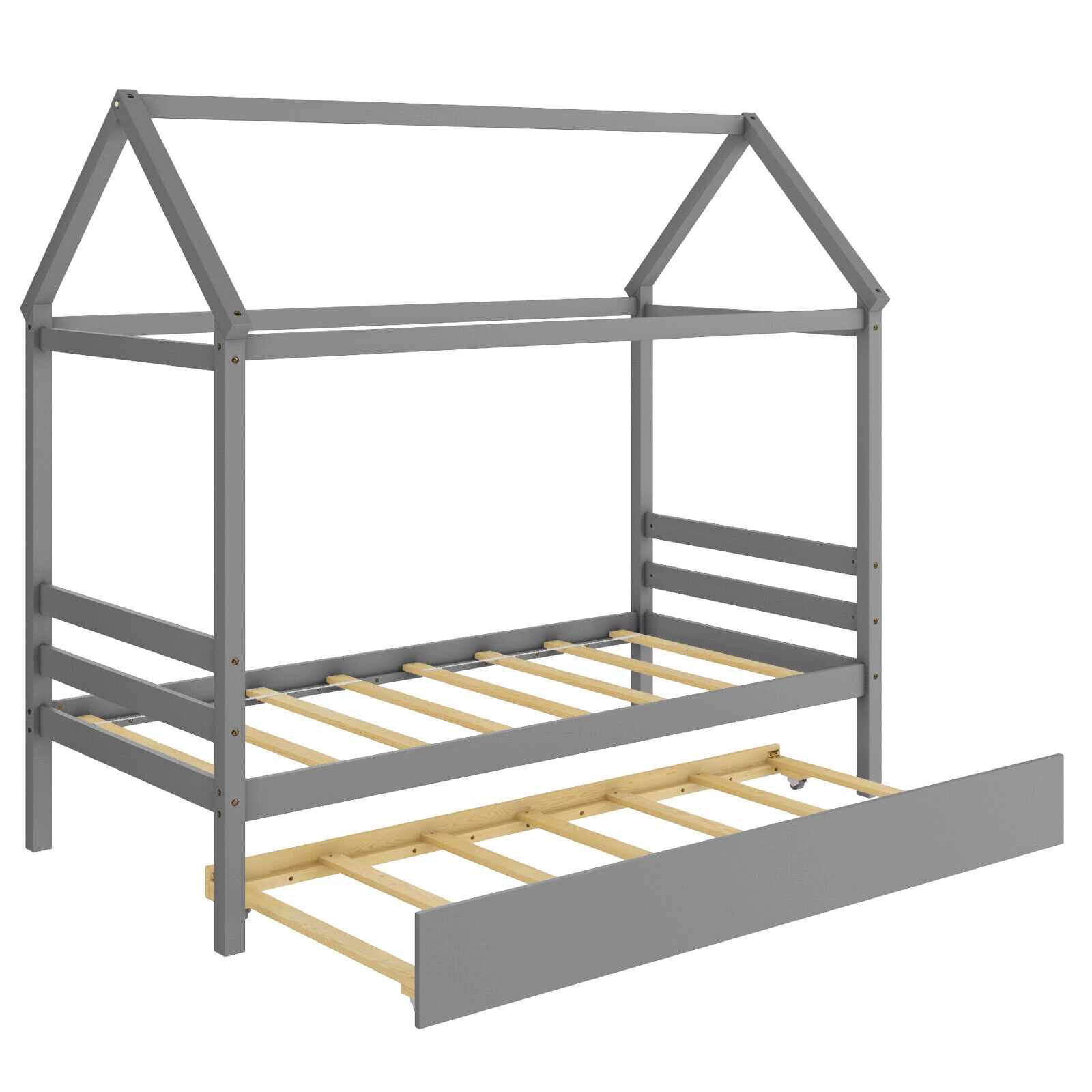 SUGIFT Gray Roof and Pull-Out Trundle Twin Size Kids House Bed Frame