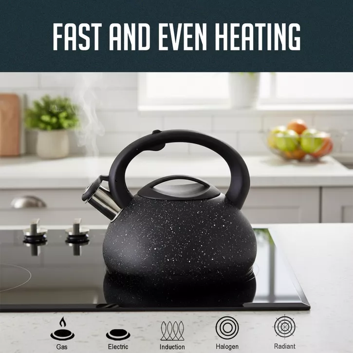 Luminuxe Stainless Steel Whistling Tea Kettle, 2.4qt Fast Boil Pot with Heat Resistant Handle, Tapered Marble Finish