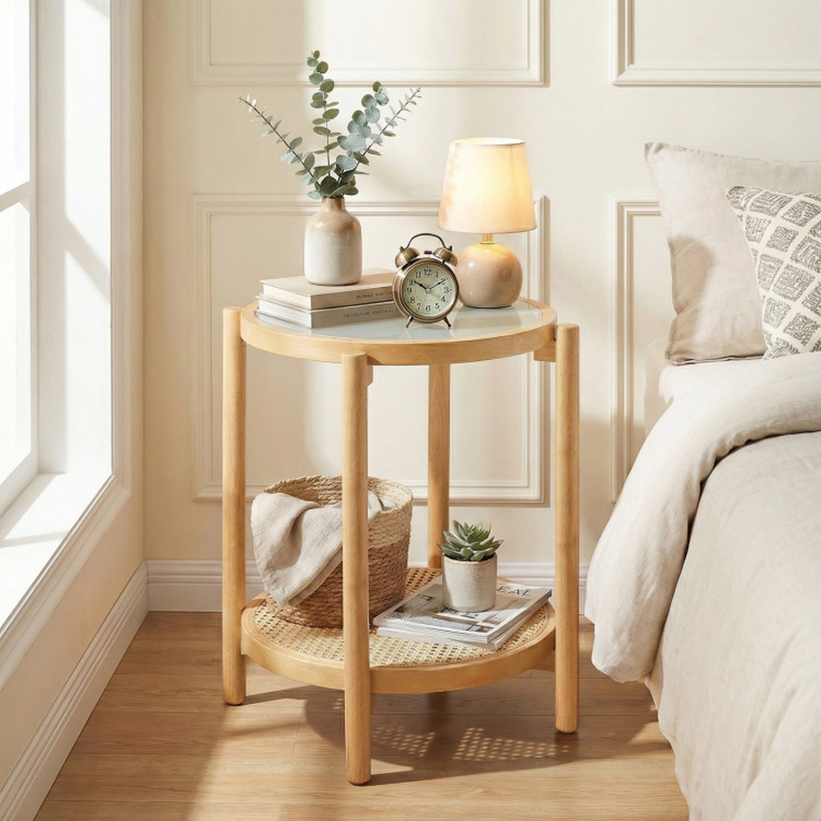 SUGIFT 18.5-Inch Round 2-Tier Rattan and Glass Nightstand Side Table