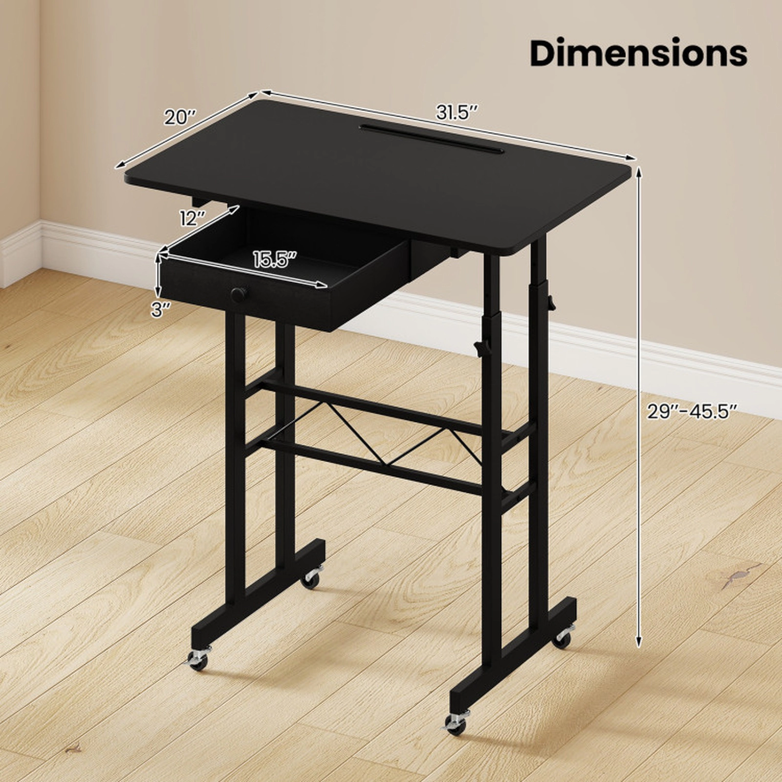 SUGIFT Height Adjustable Laptop Desk with Fabric Drawer Tablet Holder 45-lb Tabletop Capacity Black