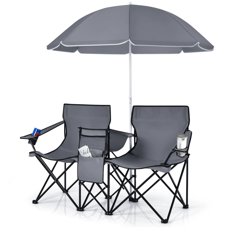 SUGIFT Gray Double Folding Picnic Chair with Removable Umbrella and Cooler Bag 63-in W 22-in D 270-lb Per Seat